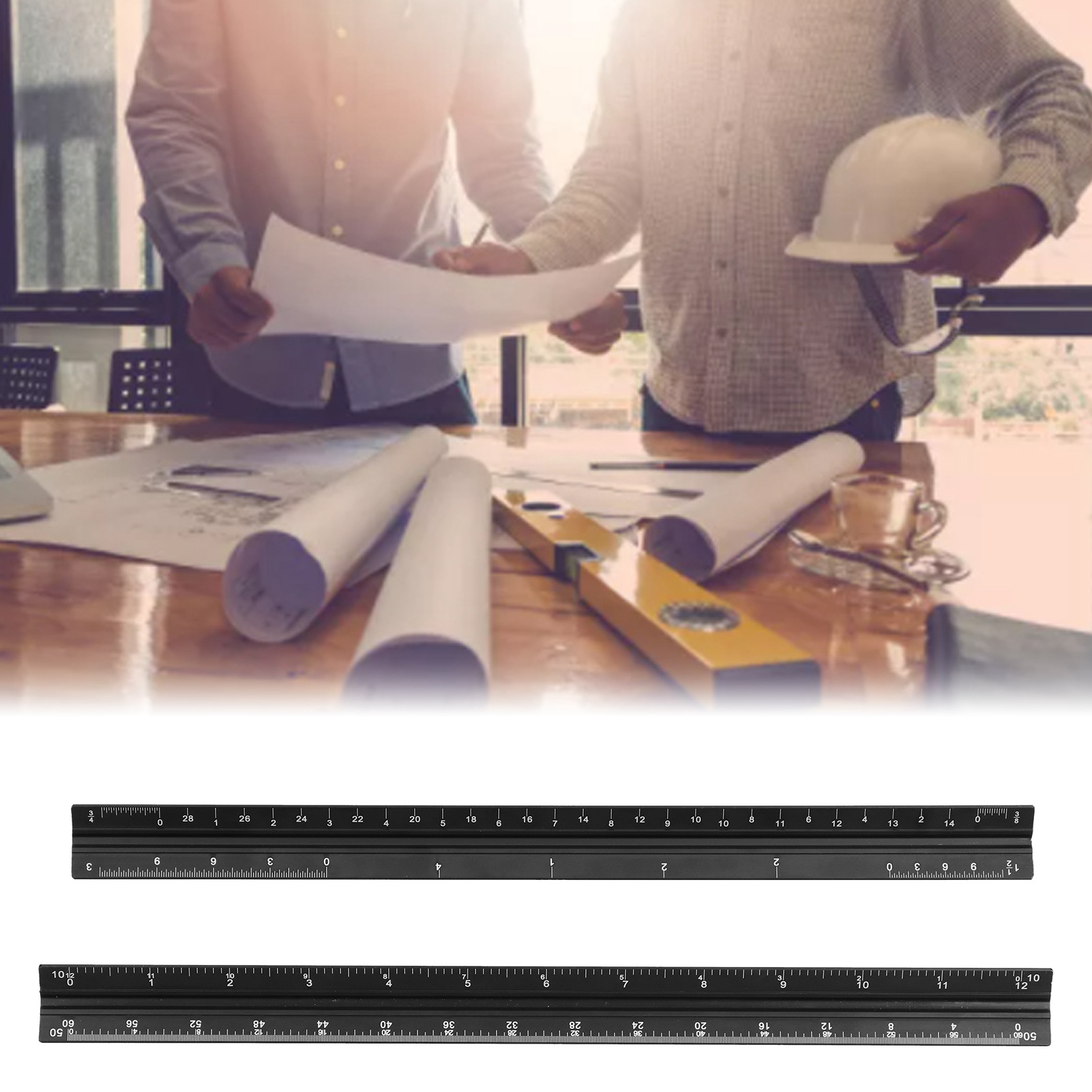 Set Aus Zwei 12-zoll-multifunktionslinealen Aus Aluminiumlegierung Mit Zollskala, Dreieckslinealen Und Linealen Für Architektur- Und Dekorationszeichnungen.