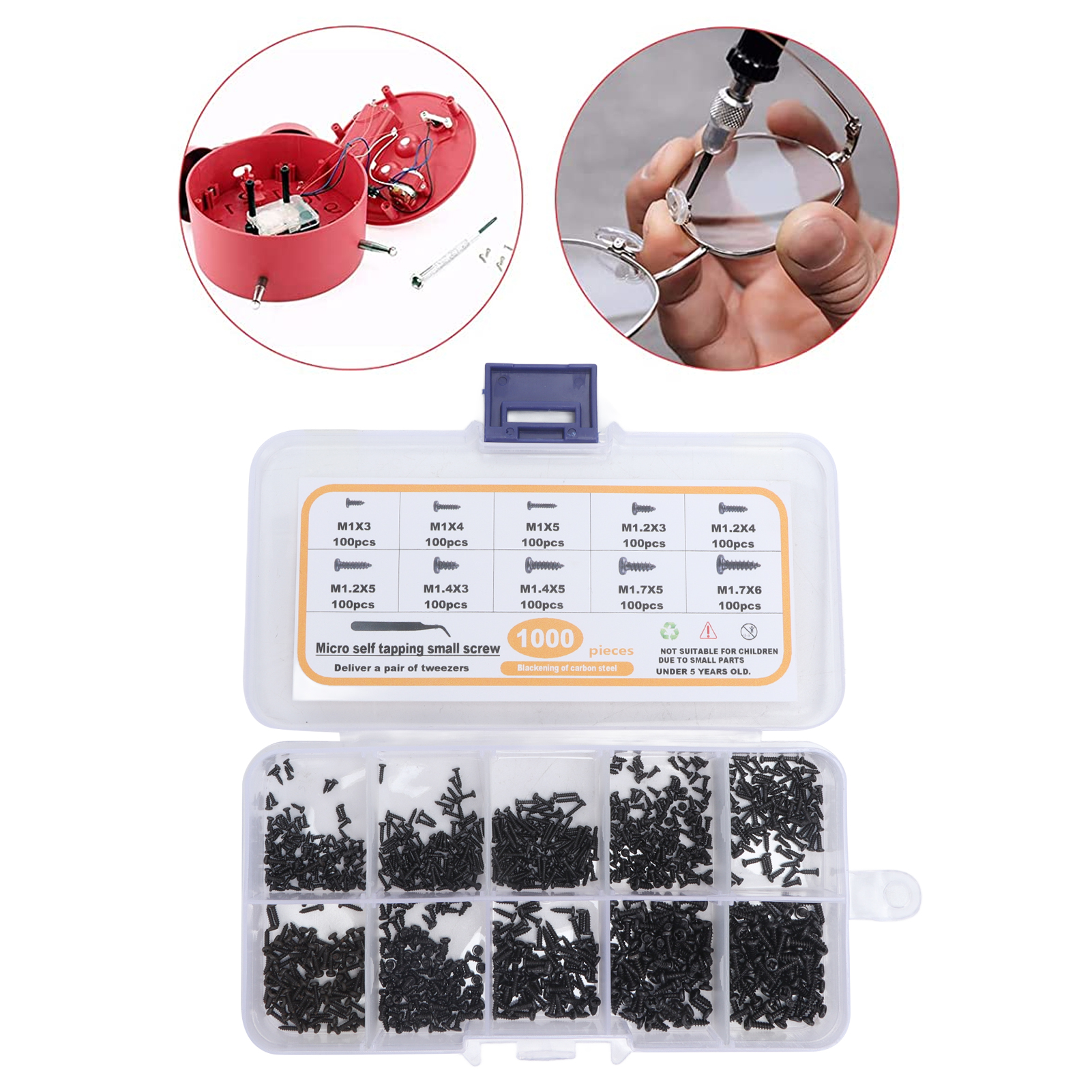 Set Mit 1000 Kleinen Schrauben, M1, M1.2, M1.4, M1.7, Schwarze Selbstschneidende Schrauben Mit Gewölbtem Kopf Für Brillen, Uhren, Spielzeug, Ersatzschrauben, Mit Einer Pinzette.