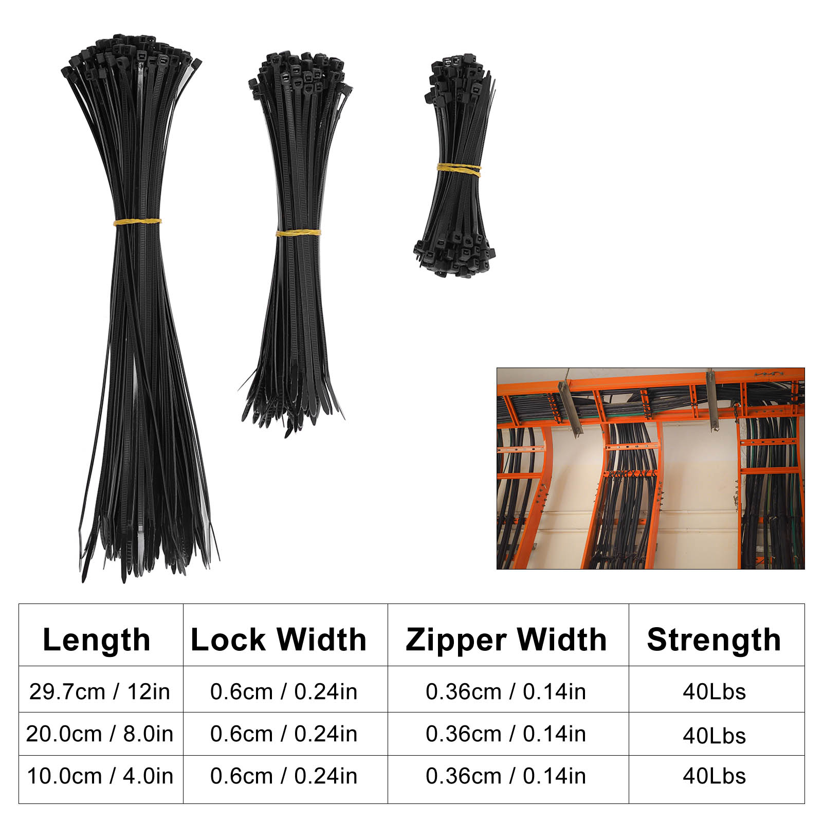 Set Mit 300 Kabelbindern In Verschiedenen Größen, Hochbelastbare, Selbstsichernde Kabelbinder, 40 Lb Zugfestigkeit, Schwarze Kabelbinder, Industrielle Nylon-kabelbinder, Geeignet Für Garagen Und Werks