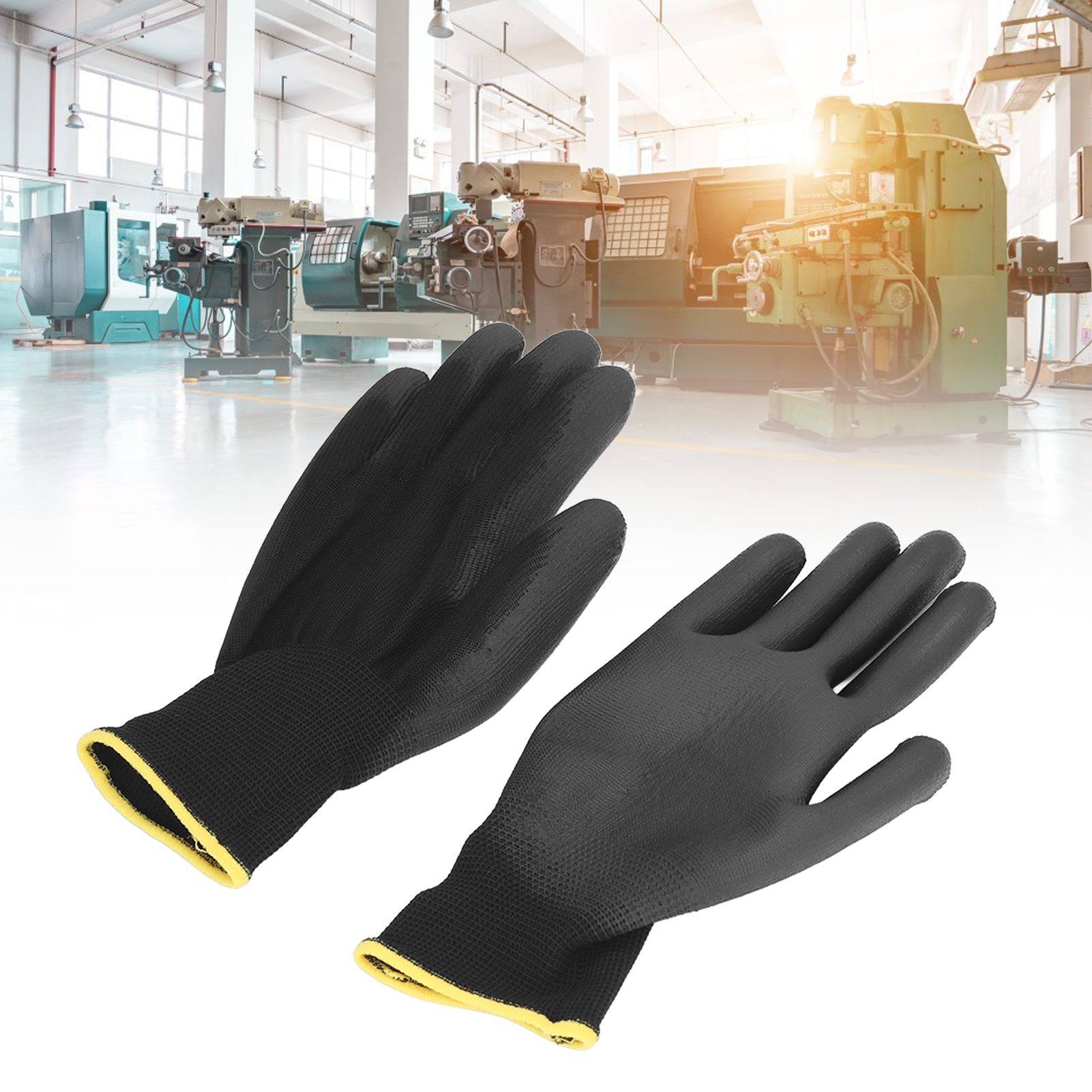 Antistatisch Beschichtete Nylonhandschuhe Mit Pu-beschichteter Handfläche Und Gelbem Rand, 10 Paar, Schwarz, 7s.