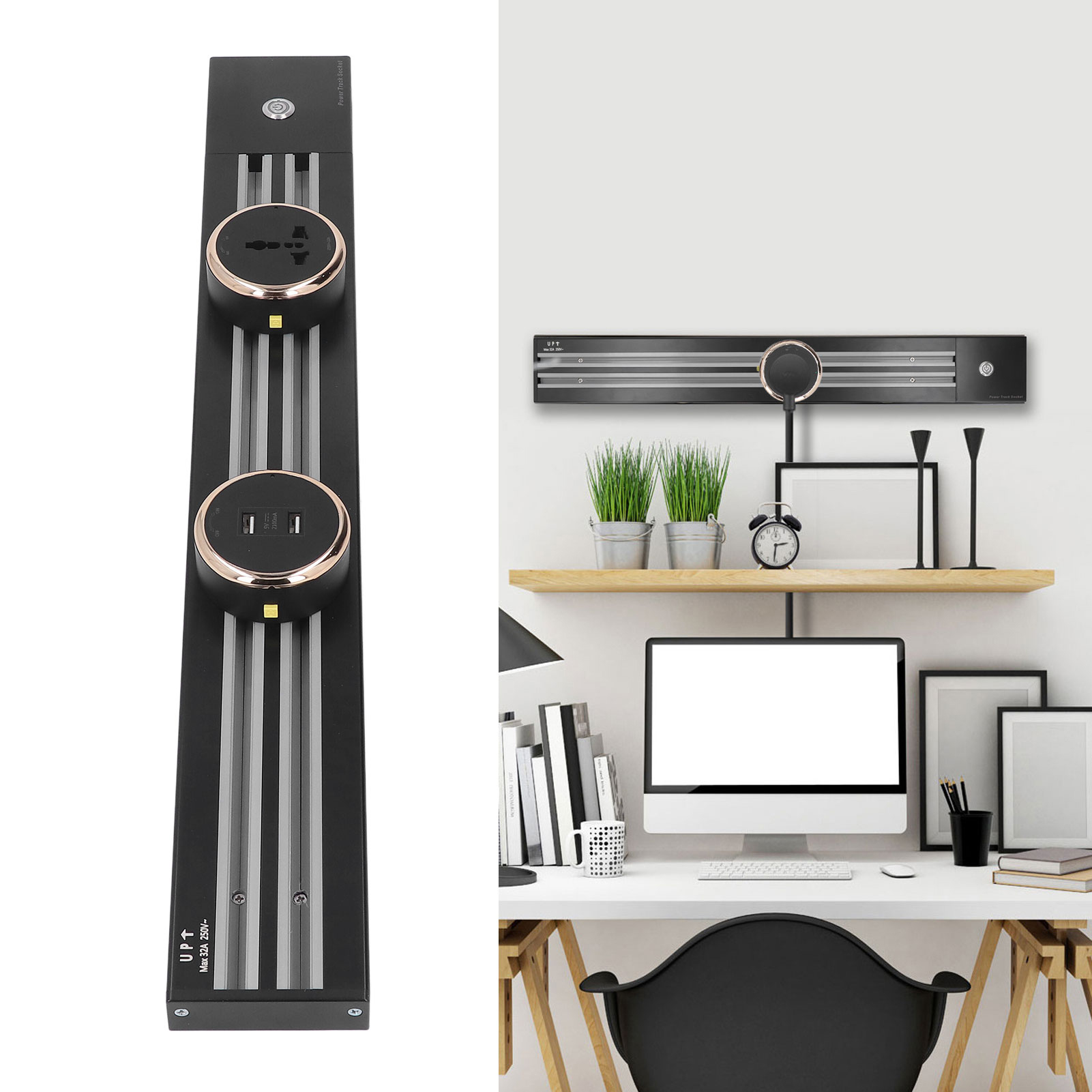 Mobile Wandsteckdose Auf Schiene, Verlängerungskabel, Unterputz-wandsteckdose, 60 Cm Schiene Mit 3 Adaptern, 250 V Ac/8000 W/32 A, 1 Usb-anschluss + 2 Universaladapter.