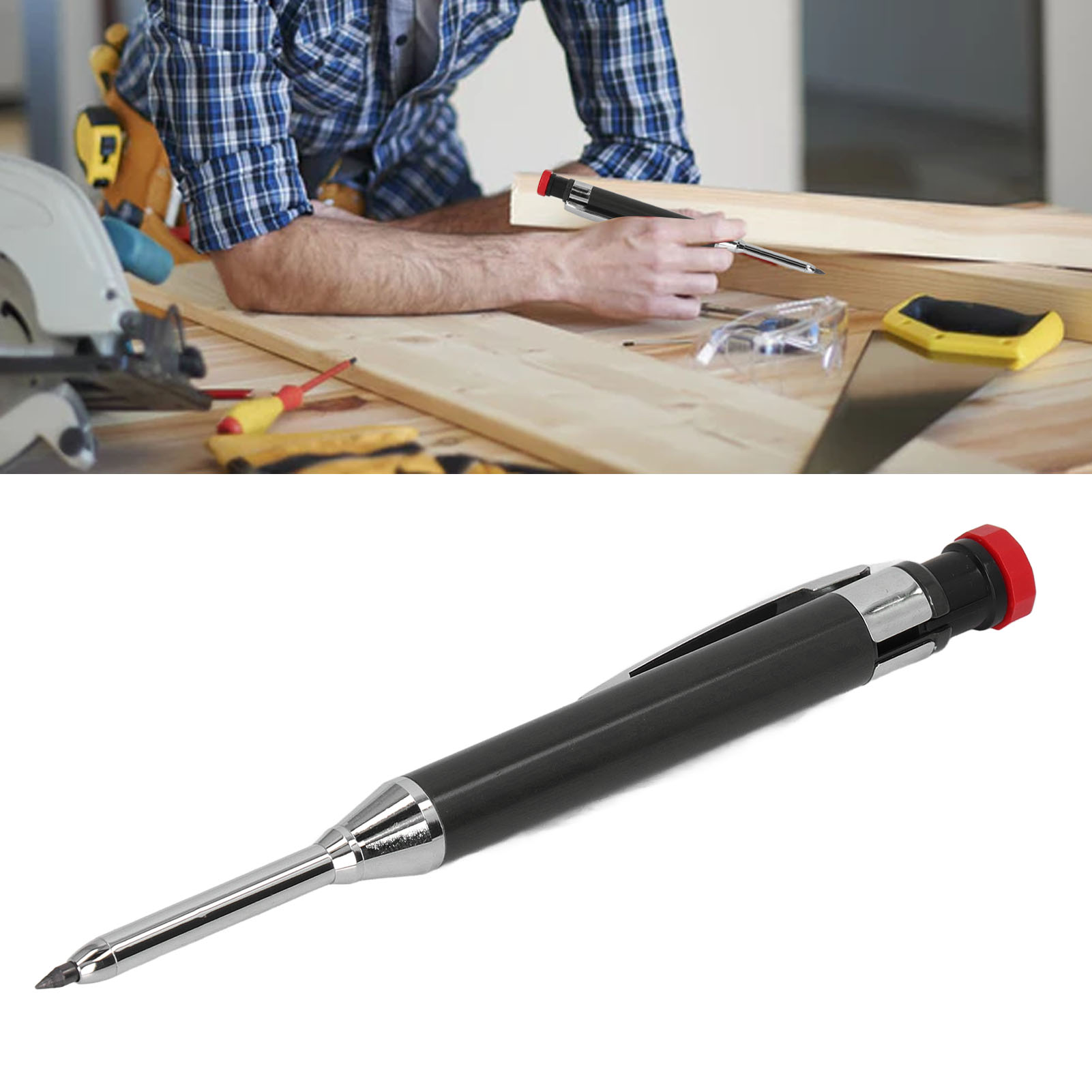 Mechanischer Zimmermannsbleistift, Robuster Zimmermannsbleistift Mit Eingebautem Anspitzer, Langer Mine, Tiefem Loch, Geeignet Für Holzarbeiten Und Holzkonstruktionen, Schwarz.
