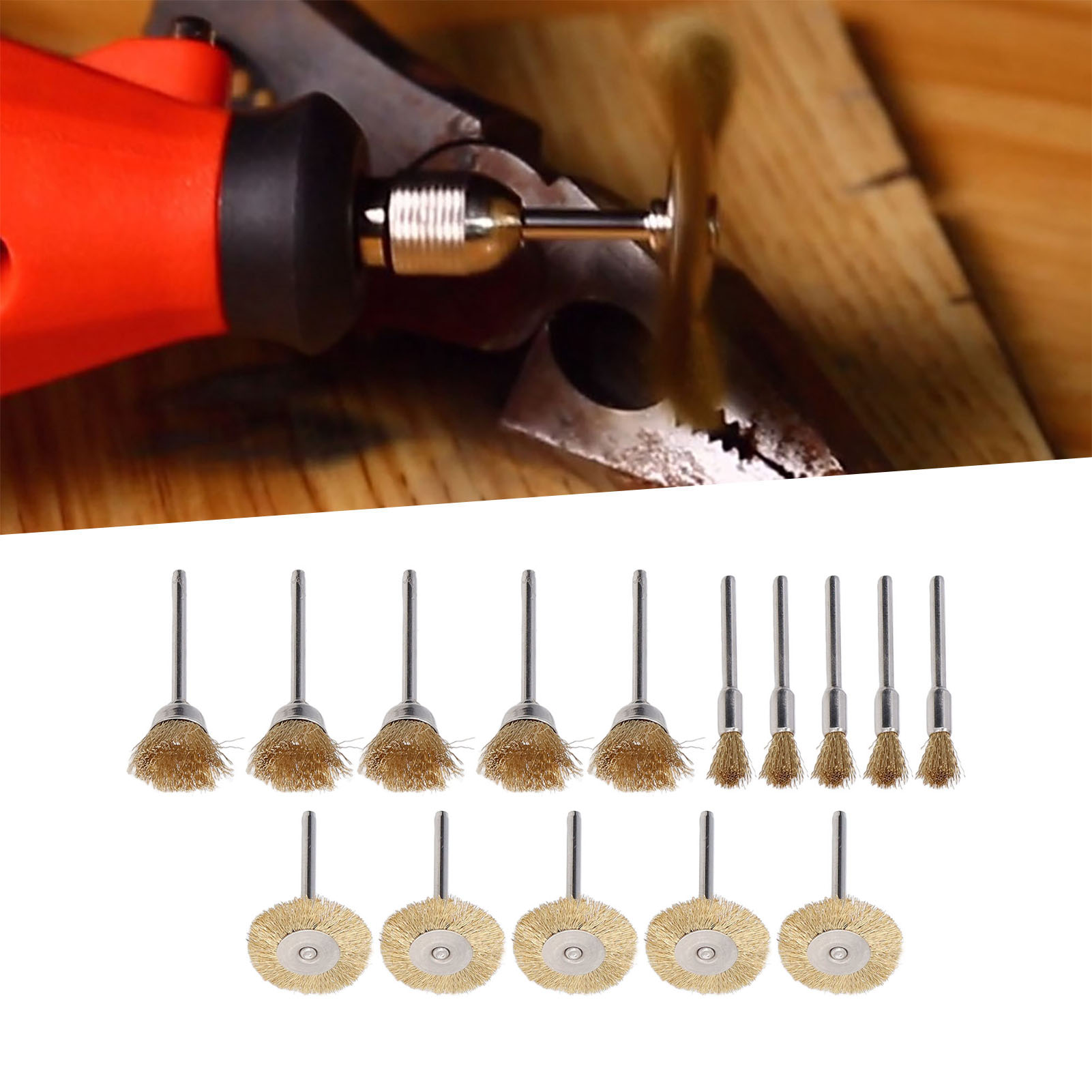 Set Bestehend Aus 15 Teilen: Je 5 Kupferdrahtbürsten Verschiedener Typen (3 T-förmige Bürsten Mit 25 Mm Durchmesser, 3 Schalenbürsten Mit 15 Mm Durchmesser, 3 Stiftförmige Bürsten Mit 5 Mm Durchmesser