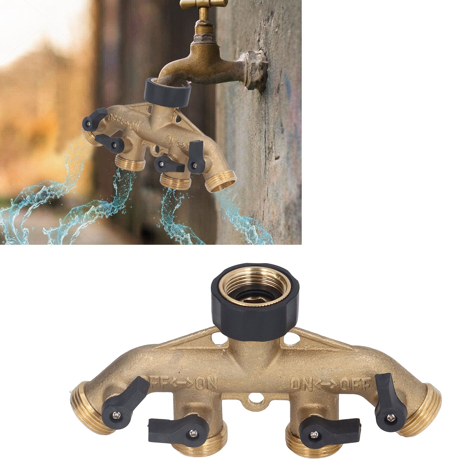 Robuster 4-wege-gartenschlauchverteiler Aus Messing, 3/4-zoll-schlauchanschlüsse, Schlauchhahnadapter, Mit 4 Ventilen