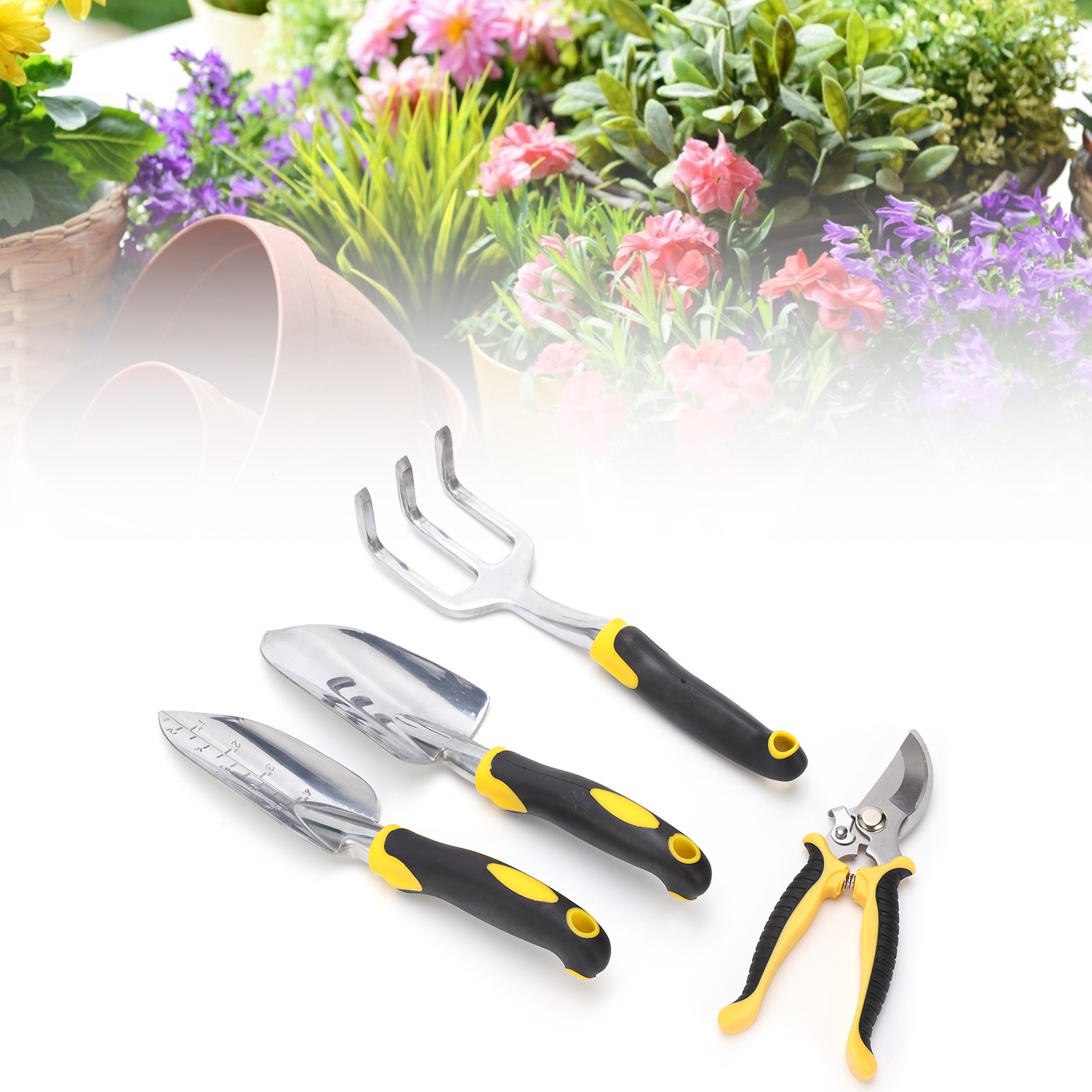 Dieses 5-teilige Gartengeräte-set Beinhaltet Eine Pflanzkelle, Einen Spaten, Einen Blumentopf, Eine Gartenschere Und Gartenhandschuhe. Die Geräte Verfügen Über Robuste Köpfe Aus Aluminiumguss Und Ergo