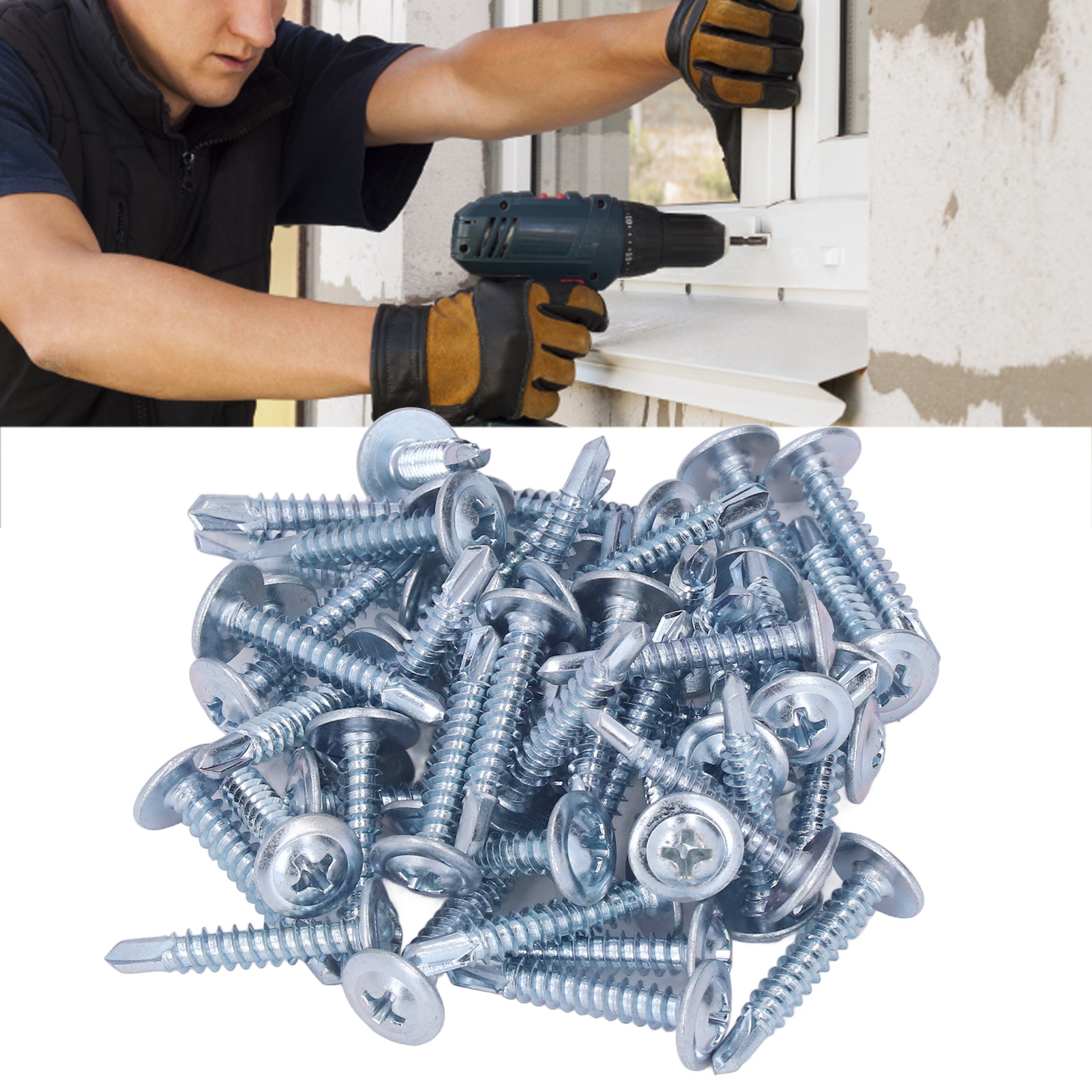 50 Phillips-selbstbohrschrauben Aus Blau-weiß Verzinktem Kohlenstoffstahl, 4,2 X 25 Mm Rundkopf Mit Unterlegscheibe.