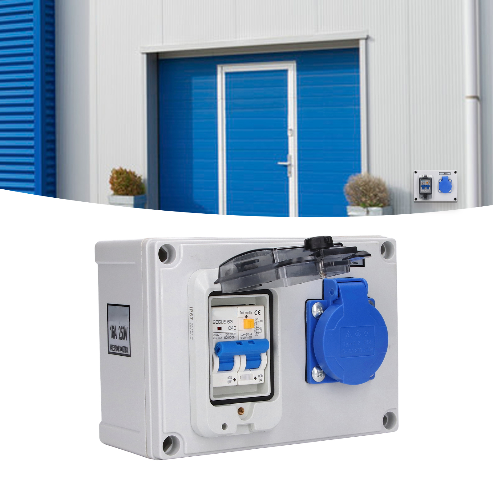 Deutsche Einpolige Wandsteckdose Mit Schalter, 200-250 V, 40 A (bei 230 V), Einphasiger Fehlerstromschutzschalter (1p+n).