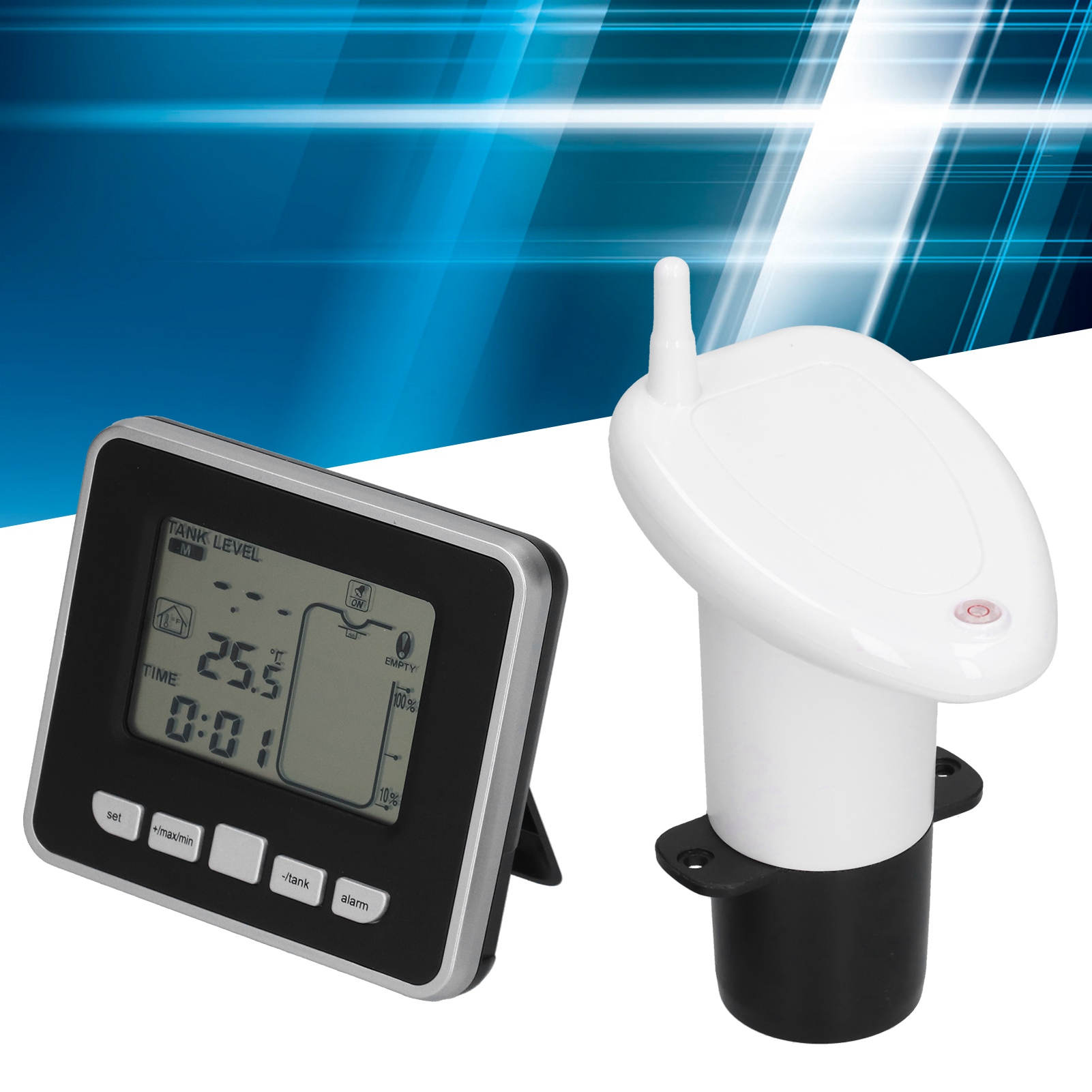 Multifunktionales Elektronisches Ultraschall-wasserstandsmessgerät Mit Anzeige Der Innentemperatur, Thermometer Und Uhr.