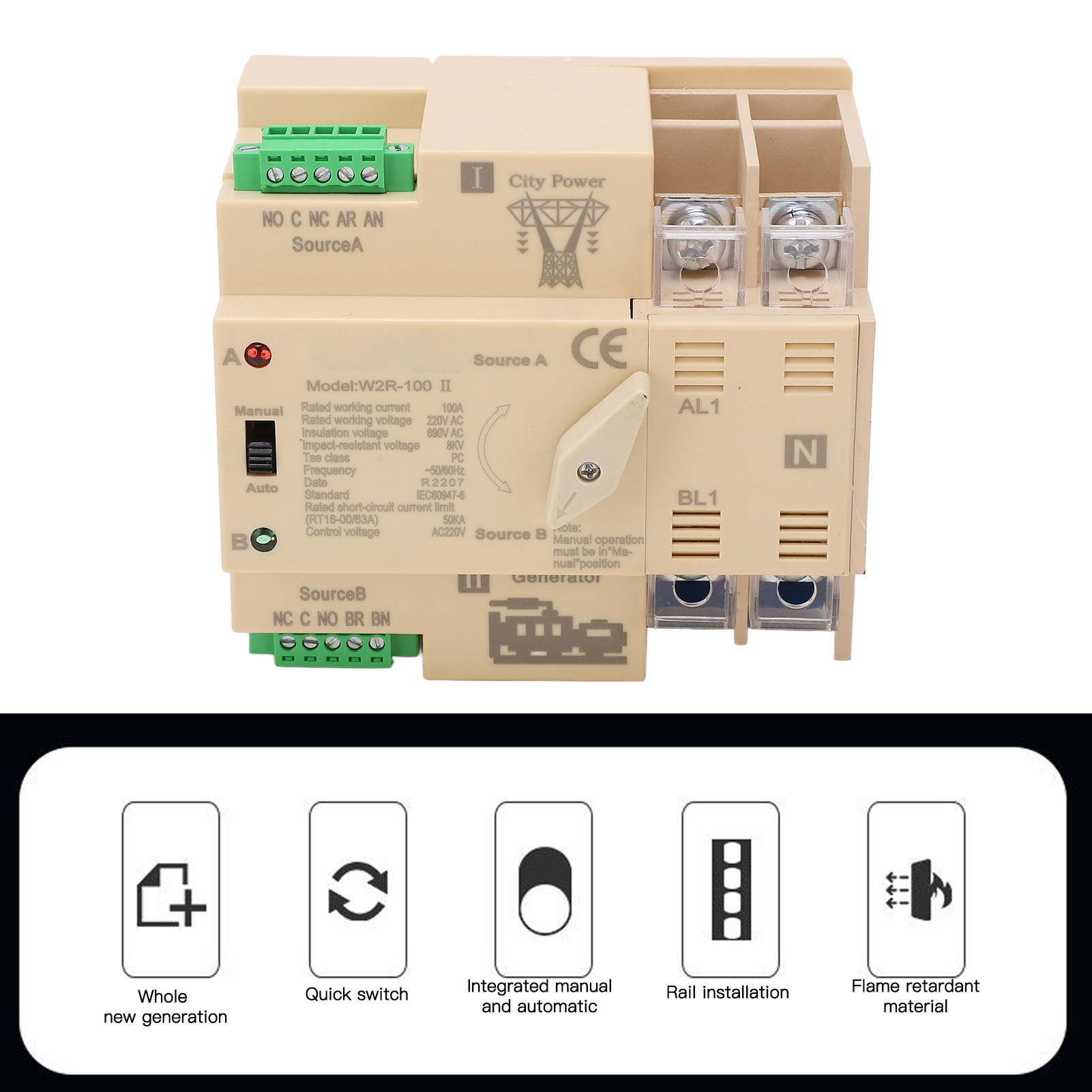 White Premium W2r-100 Dual Power Automatischer Umschalter (2p 100a 220v)