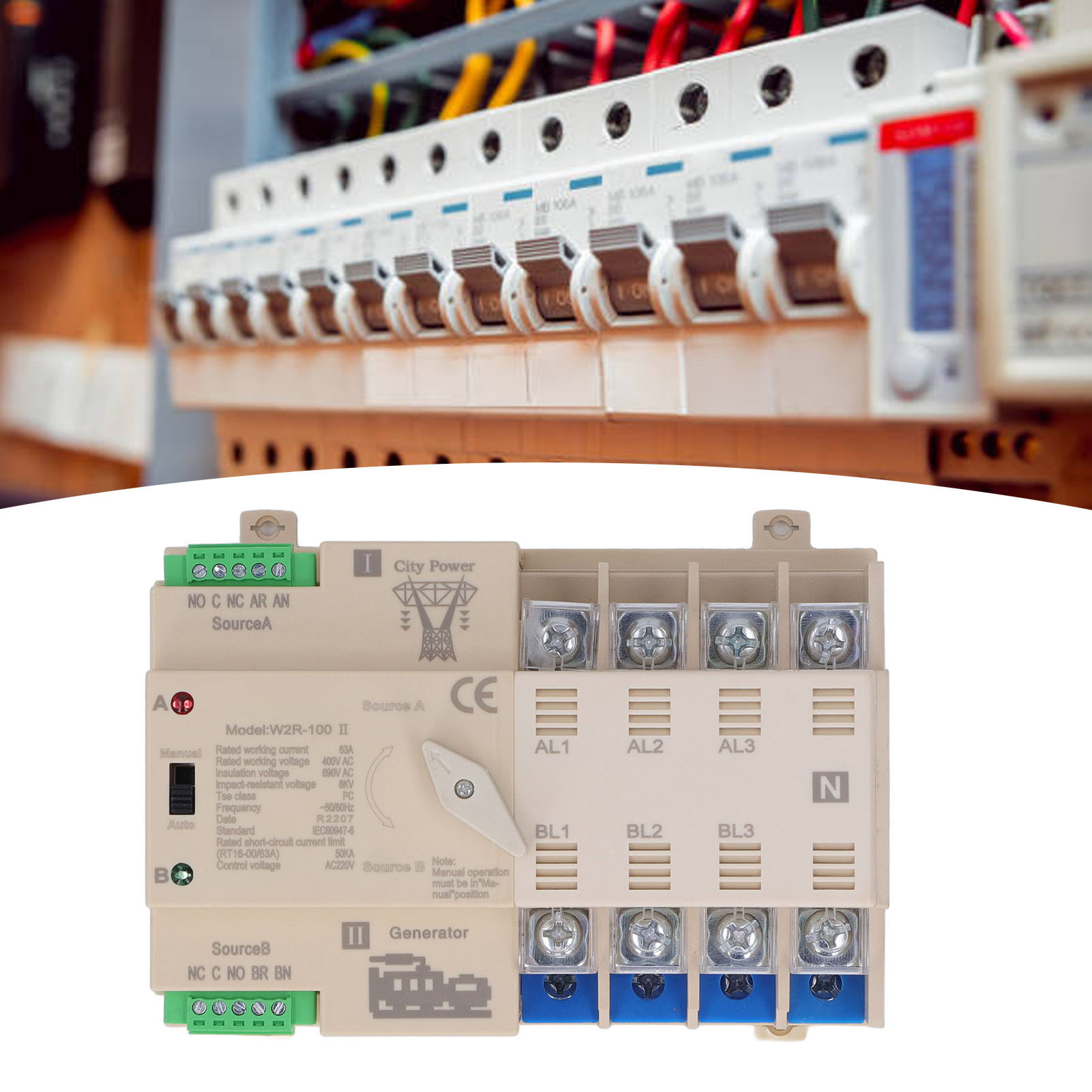 White Premium W2r-100 Erweiterter Automatischer Umschalter Für Doppelstromversorgung, 4-polig, 63 A, 220 V