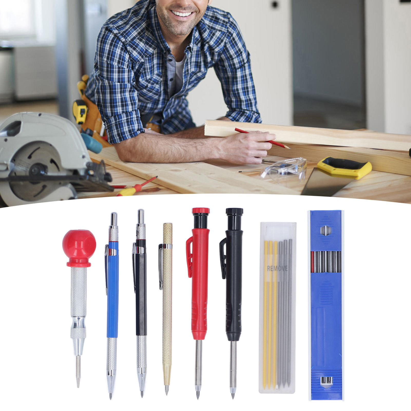 Set Mit 24 Holzbearbeitungsmarkern + Legierungsmarker + Weißer Locher Für Die Mitte Des Schafts + Mehrfarbige Nachfüllminen