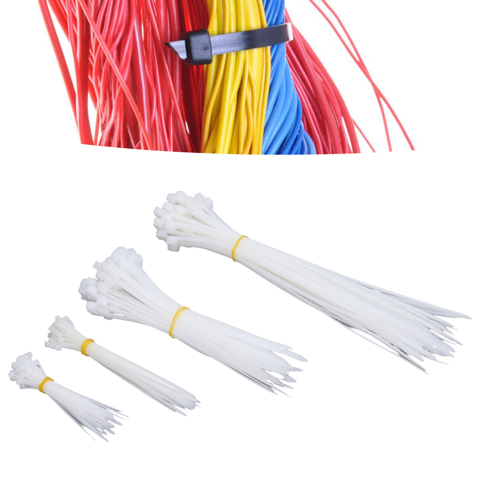 Set Mit 200 Robusten Kabelbindern In Den Größen 4, 6, 8 Und 12 Zoll, Verschiedene Größen, Zugfestigkeit 18 Und 120 Lb, Weiß.