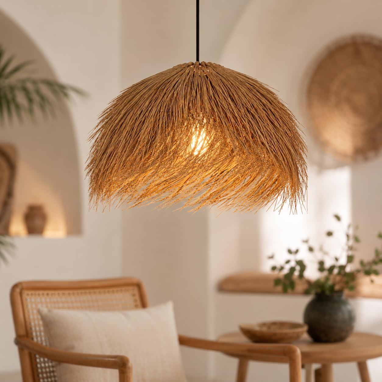 Handgeflochtene Rattan-pendelleuchte, Braun Und Schwarz, E27, 50 Cm Lampenschirm Im Boho-stil Für Wohnzimmer, Restaurant, Bar, Schlafzimmer. Leuchtmittel Nicht Im Lieferumfang Enthalten.