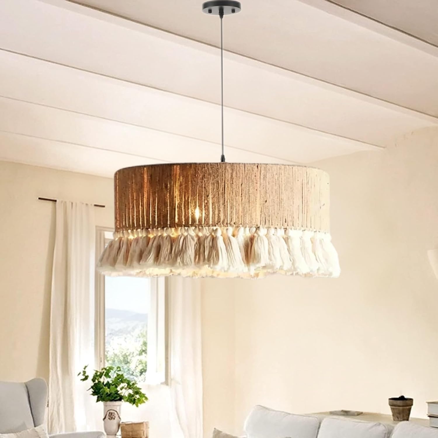 Handgeflochtener Led-kronleuchter Aus Hanfseil, Runde Lampe Mit Quasten (50 Cm) – Deckenleuchte Für Restaurants Und Wohnzimmer – E27 (leuchtmittel Nicht Im Lieferumfang Enthalten)