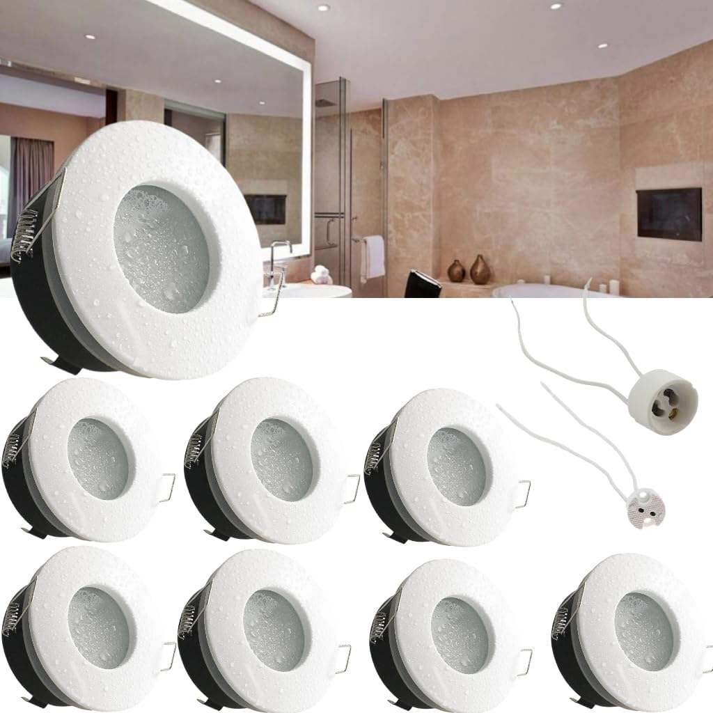 Set Aus 8 Wasserfesten (ip65) Led-einbaustrahlern, Rund, Weiß, Mit Gu10/mr16-fassung, Für Badezimmer/wc 70 Mm Deckenausschnitt, Starr (leuchtmittel Nicht Im Lieferumfang Enthalten).