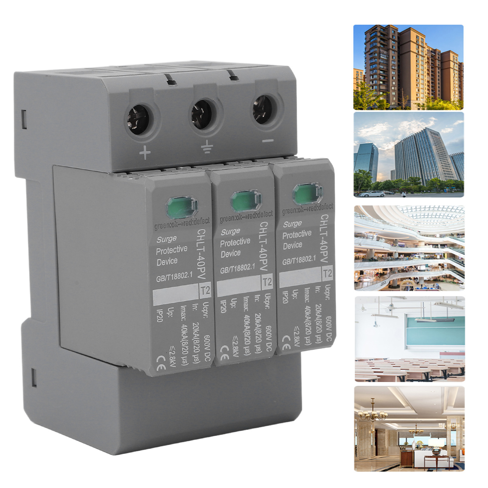 Chlt-40pv 600v Dc Photovoltaik-überspannungsschutz 20-40 Ka/3p