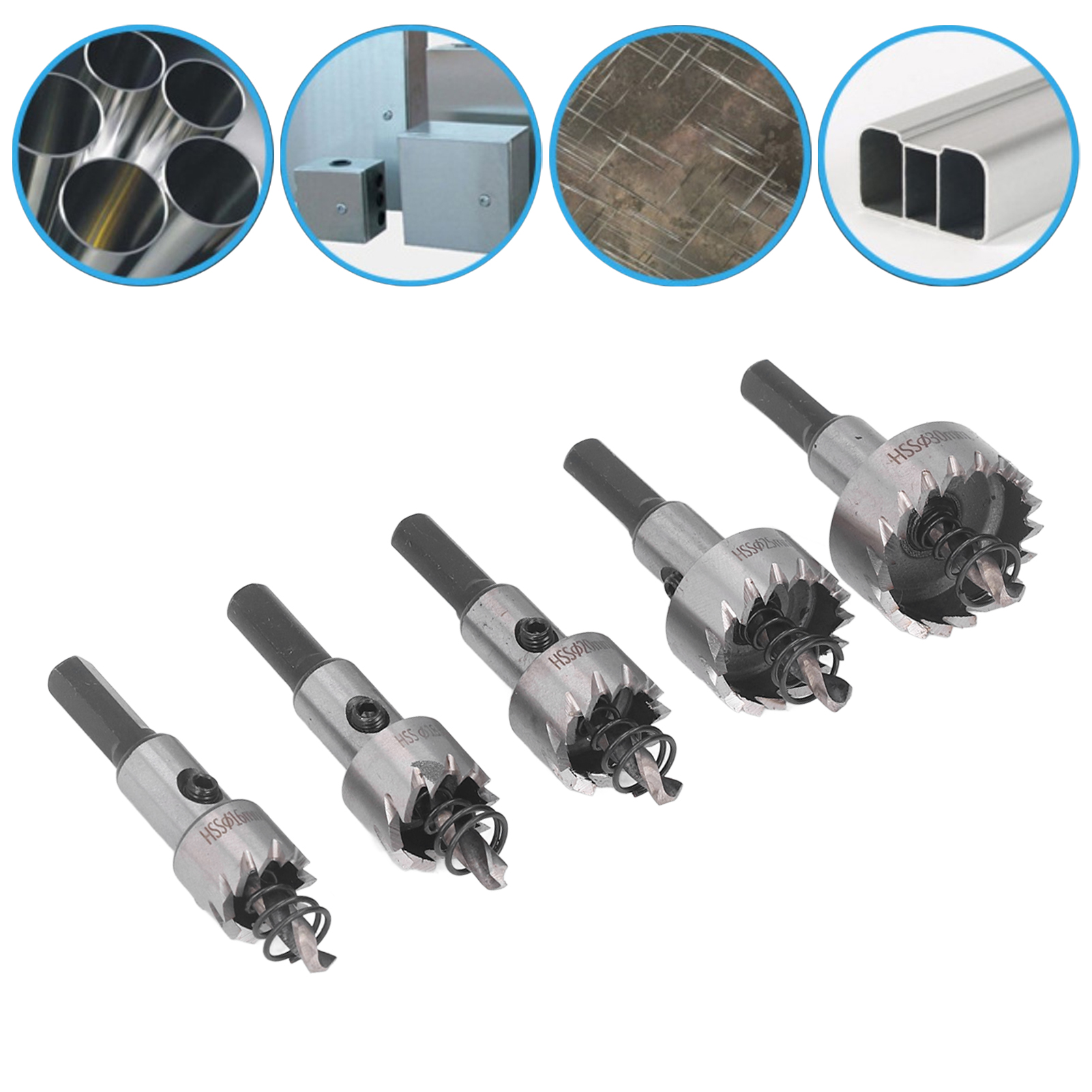 Set Aus 5 Hss-bohrern, Darunter Eine Lochsäge, Eine Reibahle Und Ein Diamantbohrer Für Gipskarton, Kunststoff, Blech, Metalle Und Holzbearbeitung, Durchmesser Von 16 Bis 30 Mm.