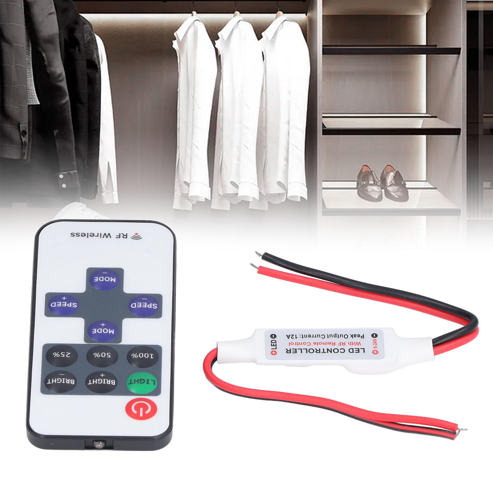 Led-streifen-controller Mit Roter Und Schwarzer Kabelschnittstelle, 11-tasten-monochrom-dimmer, Mini-rf-funkfernbedienung, Niedervolt-led-streifen