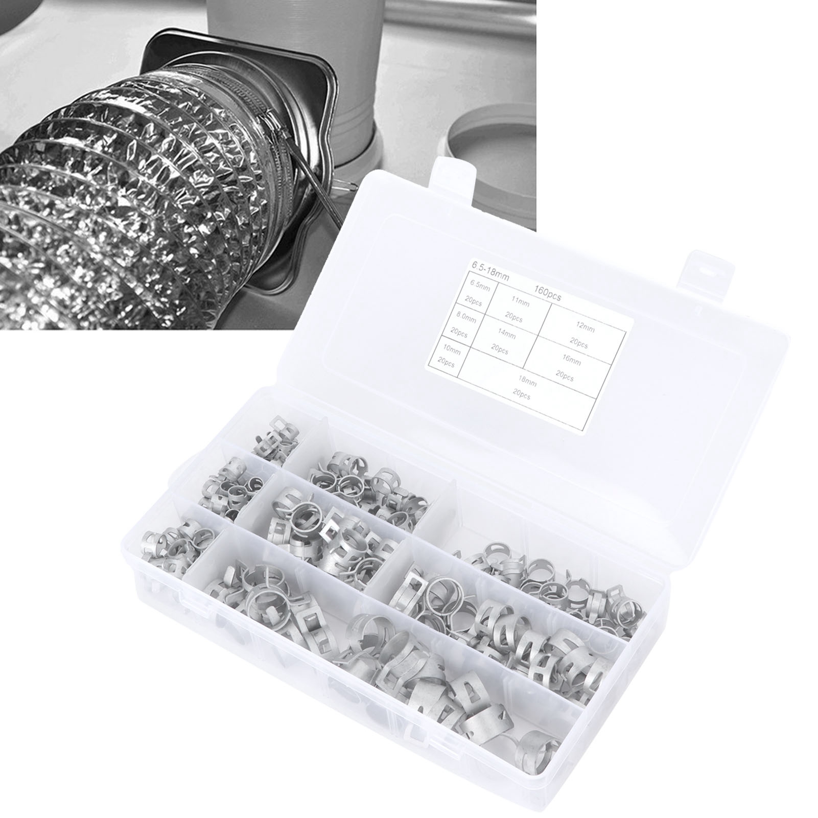 160 Silberne Federklemmen Mit Elastischen Stahlbandklemmen Für Wasserleitungen, Ölleitungen Und Flexible Schlauchschellen, In Einer Schachtel.
