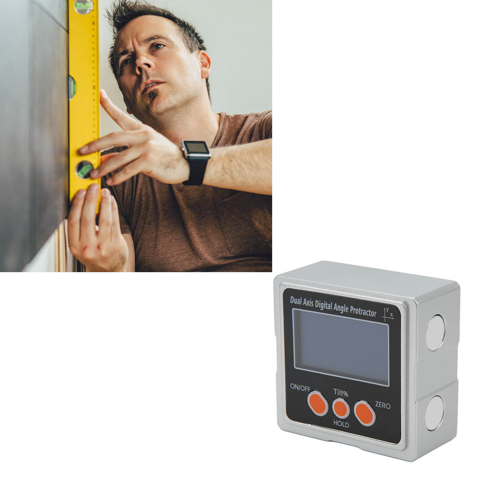 4 X 90°-digitalwasserwaagen, 2-achsen-digitalneigungsmesser, 360°-elektronikwinkelmesser, Geodreieck, Dreiseitiger Magnet