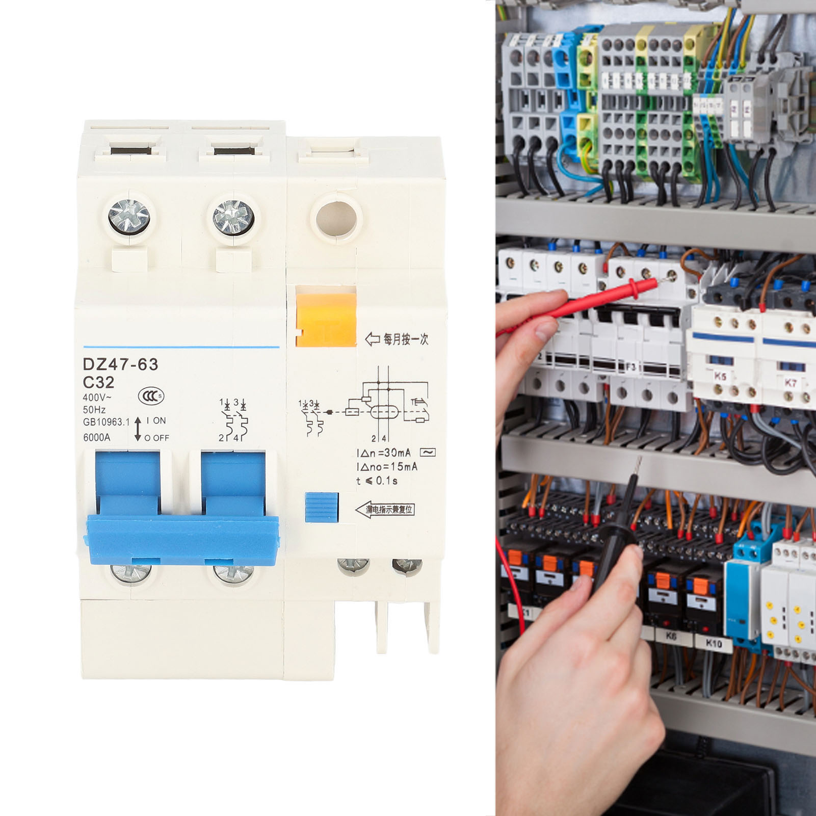 Miniatur-fehlerstromschutzschalter Dz47-63 C32 2p+n 32a, 30 Ma 400 V, Umweltfreundliches Technisches Design