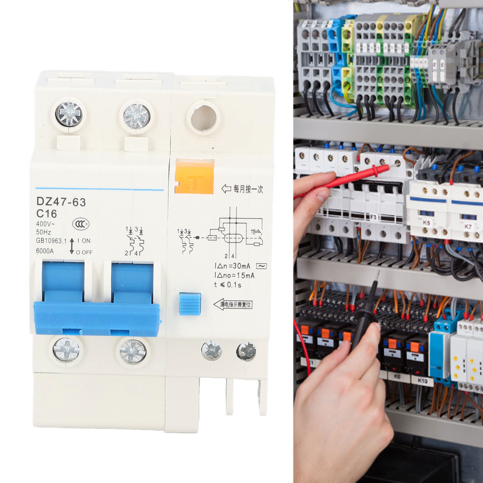 Miniatur-fehlerstromschutzschalter Dz47-63 C16 2p+n 16a, 30 Ma, 400 V, Umweltfreundliche Technische Konstruktion.