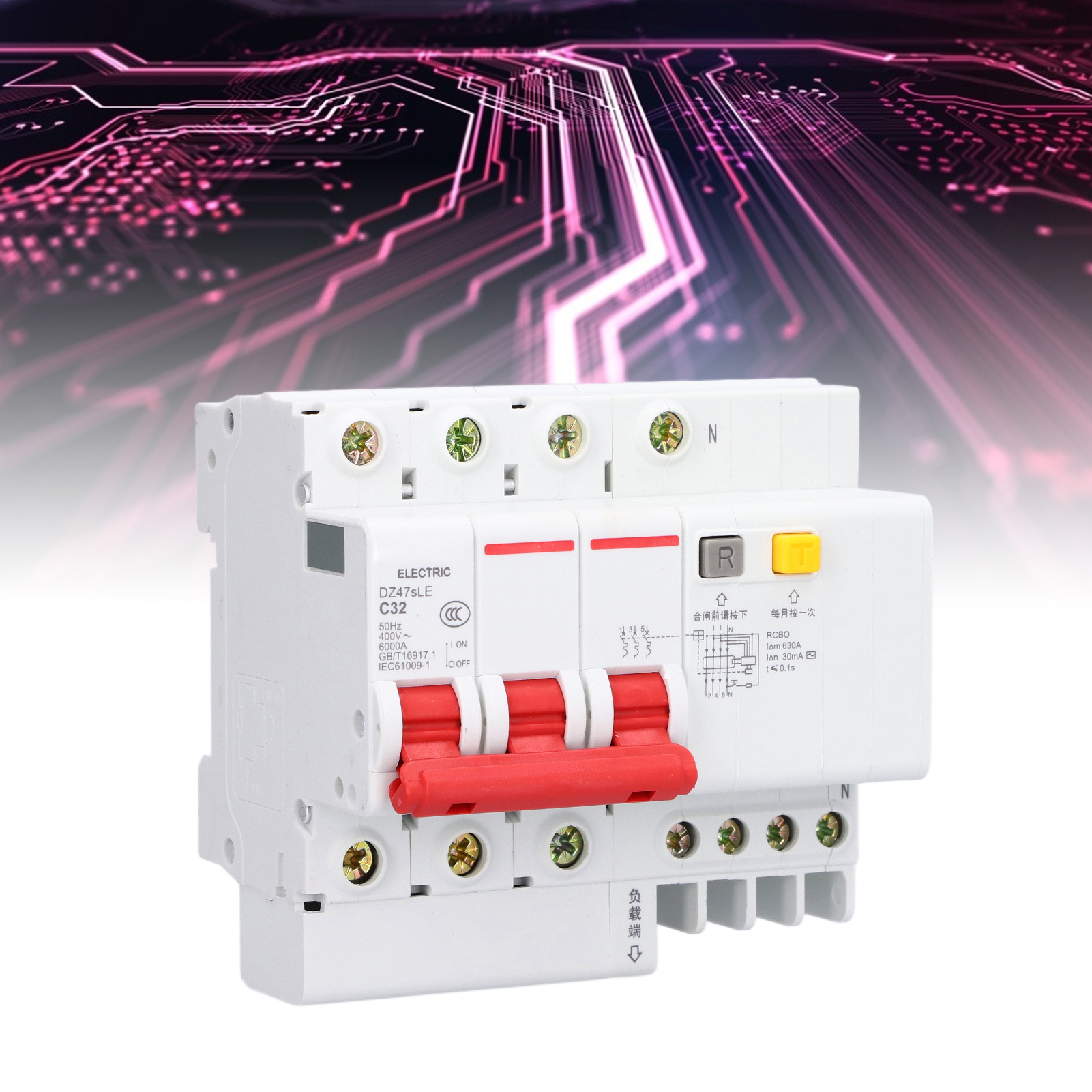 Leitungsschutzschalter Dz47sle C32 3p+n 32 A, Din-schienenmontage, Niederspannung 400 V, Abschaltvermögen 6000 A