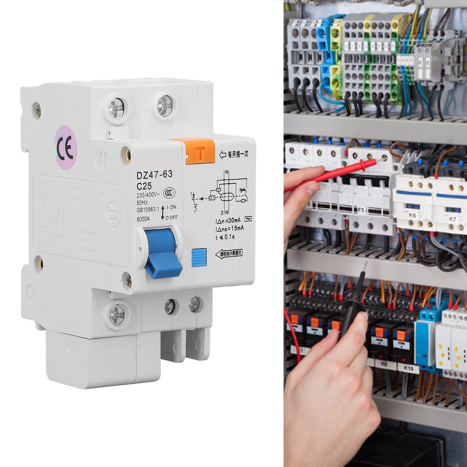Miniatur-fehlerstromschutzschalter Dz47le-63 C25 1p+n 25a, 30 Ma Fehlerstromschutzschalter 230 V/400 V, Umweltfreundliche Technische Ausführung