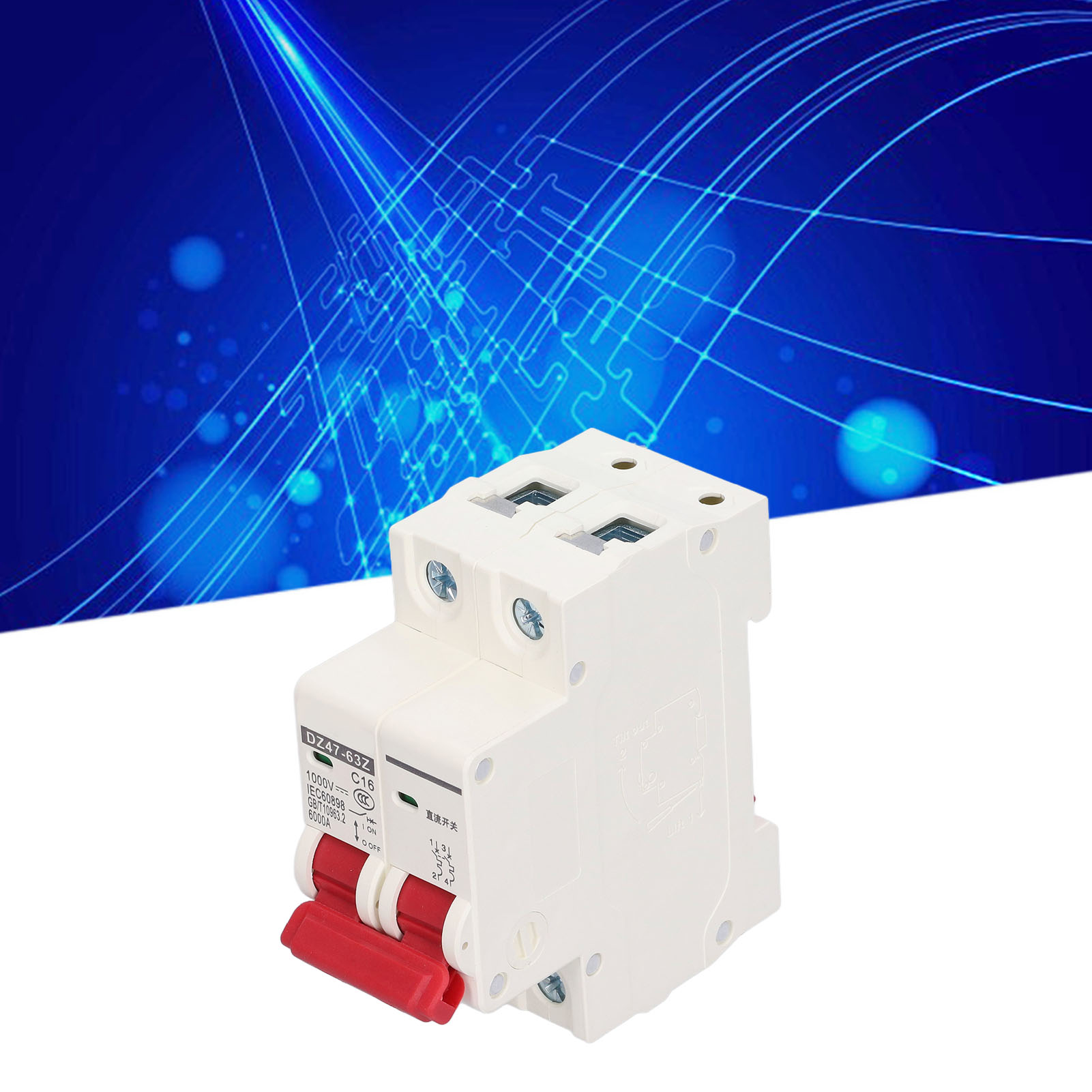 Dz47-63z C16 2p Leitungsschutzschalter, Dc-leitungsschutzschalter, 16 A, Din-schienenmontage, Niederspannung Dc 1000 V, Schaltvermögen 6000 A