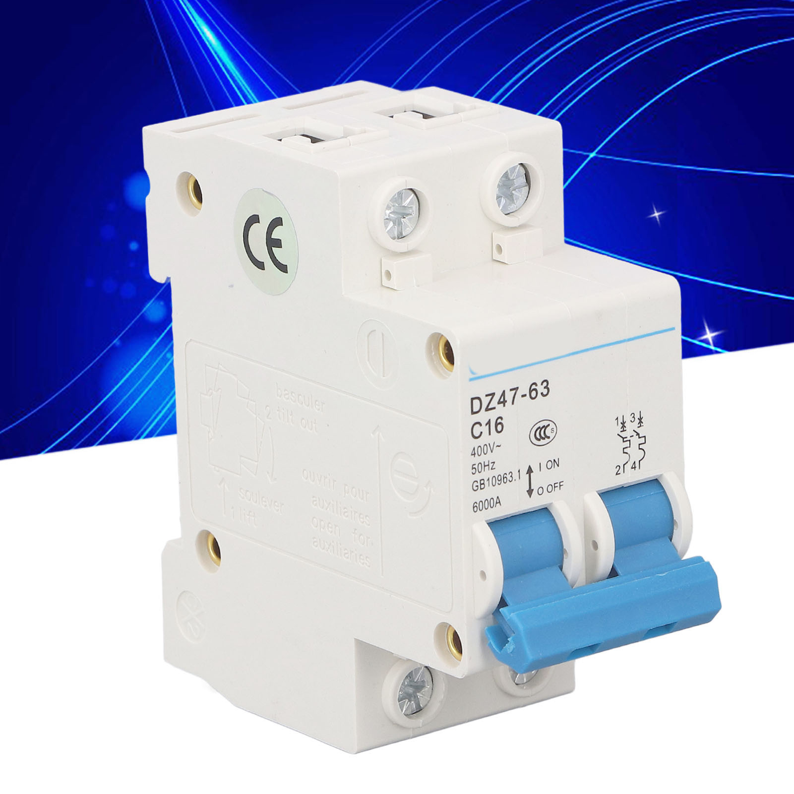 Leitungsschutzschalter Dz47-63 C16 2p 400 V 16 A, Din-schienenmontage, 6000 A Schaltvermögen