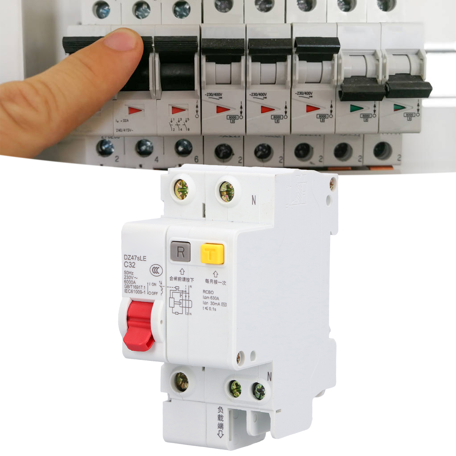 Leitungsschutzschalter Dz47sle C32 1p+n 32 A, Din-schienenmontage, Niederspannung 230 V, Abschaltvermögen 6000 A