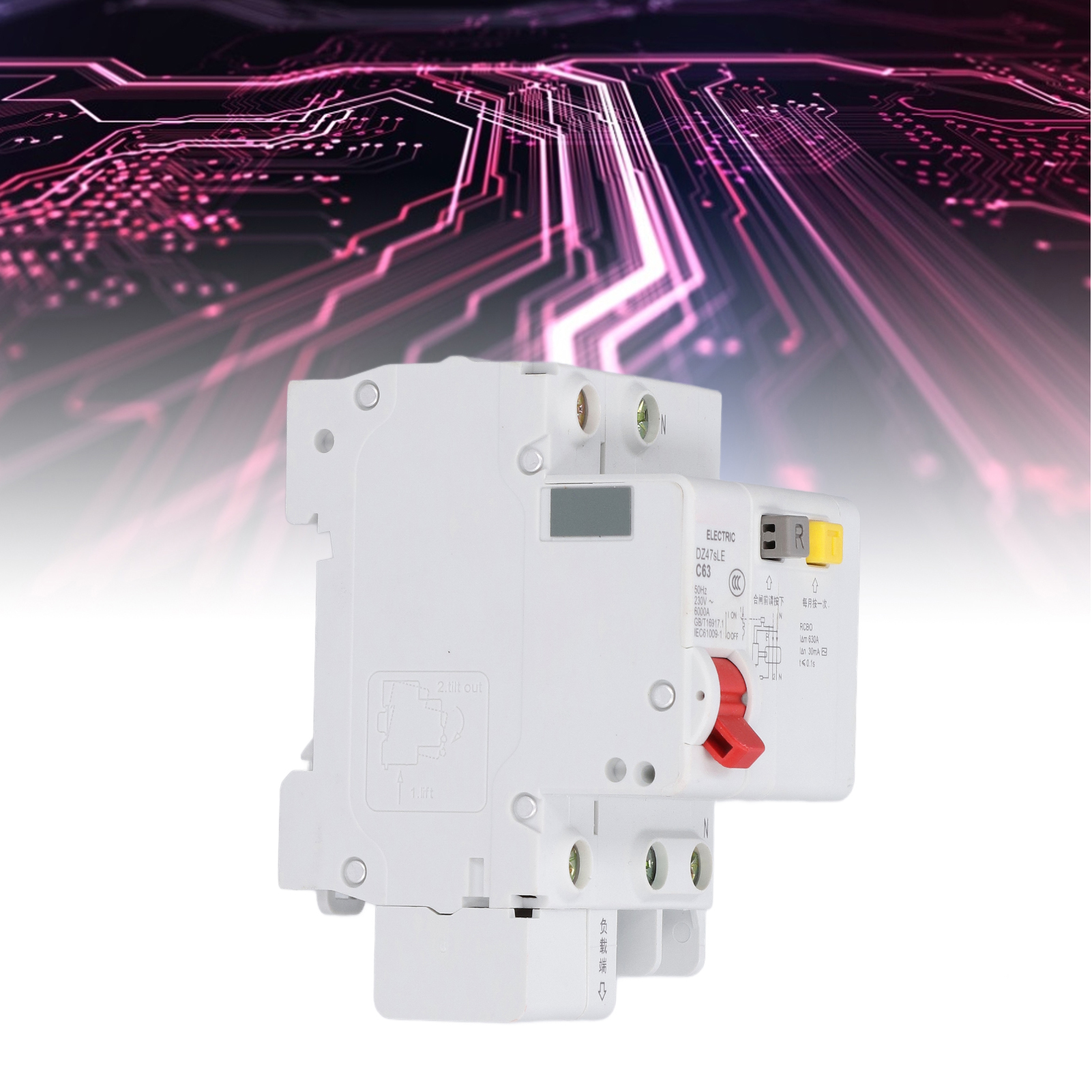 Leitungsschutzschalter Dz47sle C63 1p+n 63 A, Din-schienenmontage, Niederspannung 230 V, Abschaltvermögen 6000 A