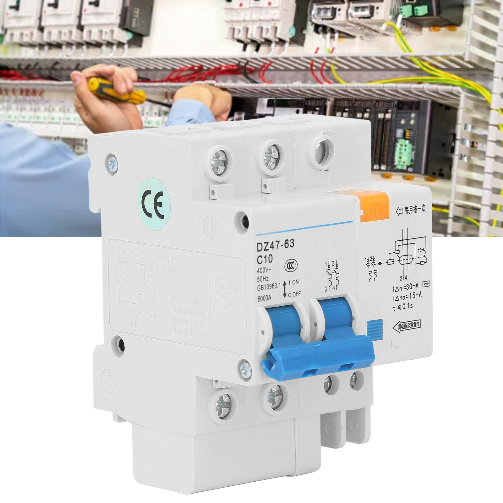 Leitungsschutzschalter Dz47le-63 C10 2p 400 V 10 A, Din-schienenmontage, 6000 A Schaltleistung