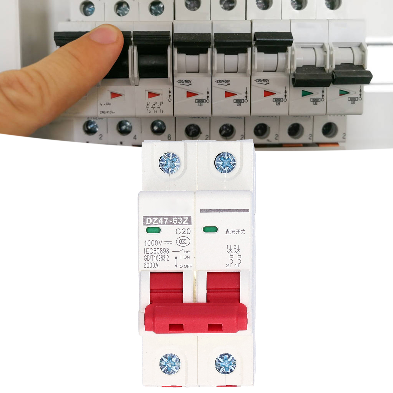 Dz47-63z C20 2p Miniatur-leistungsschalter Für Solar-photovoltaikanlagen, Miniatur-gleichstrom-leistungsschalter, 20 A, Din-schienenmontage, Niederspannung Dc 1000 V, Schaltvermögen Von 6000 A.