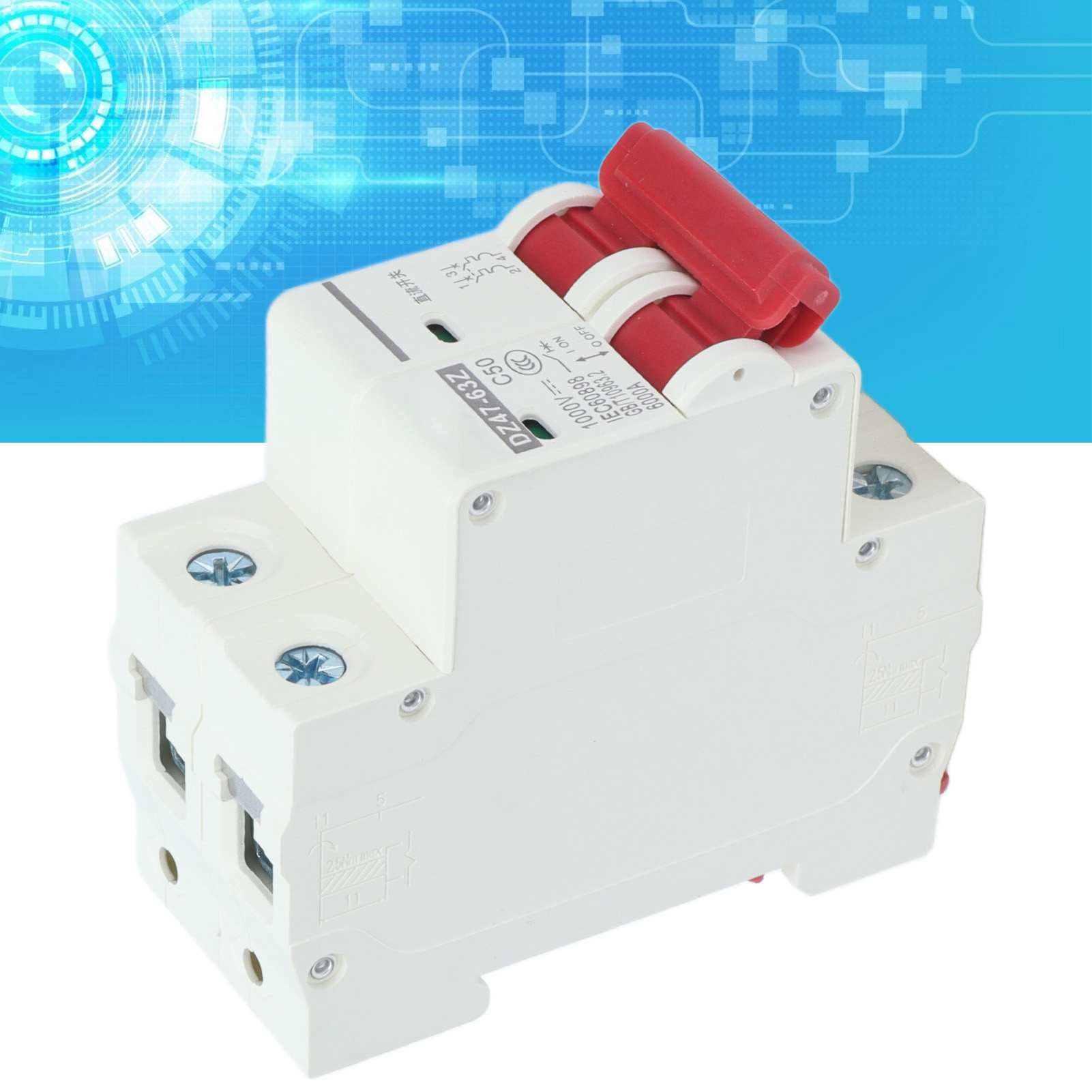 Dz47-63z C50 2p Miniatur-leistungsschalter Für Solar-photovoltaikanlagen, Miniatur-gleichstrom-leistungsschalter, 50 A, Din-schienenmontage, Niederspannung Dc 1000 V, Abschaltvermögen Von 6000 A.