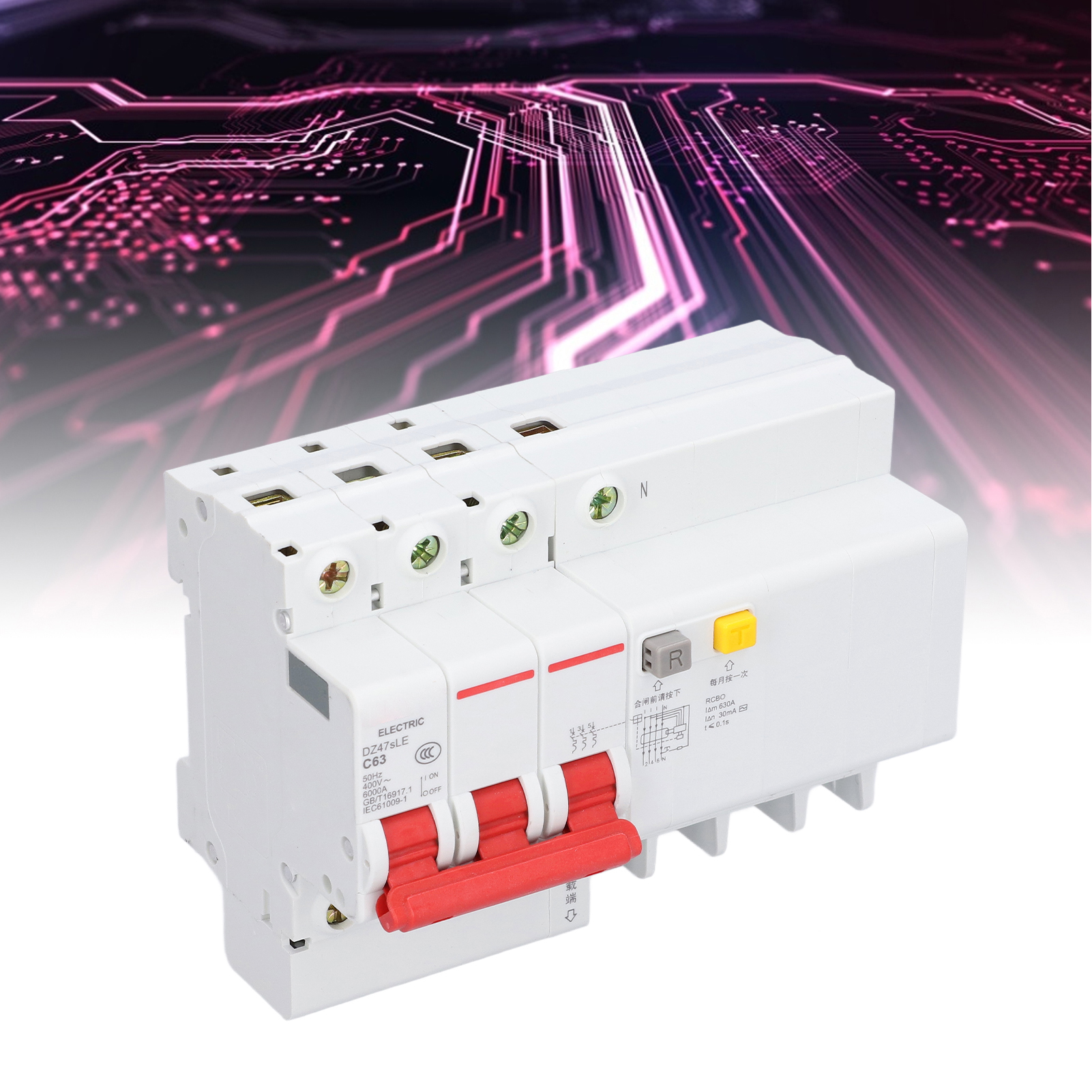 Leitungsschutzschalter Dz47sle C63 3p+n 63 A, Din-schienenmontage, Niederspannung 400 V, Schaltvermögen 6000 A