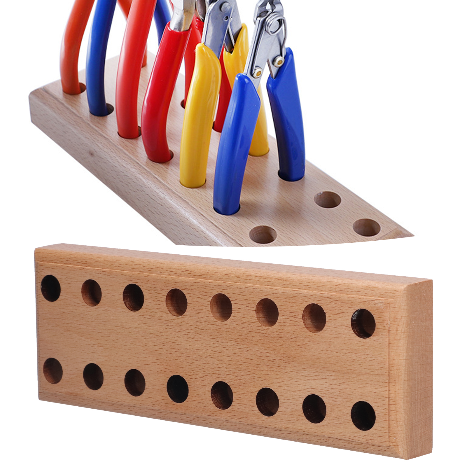 Selbstgebautes Aufbewahrungsregal Aus Holz Mit Acht Lochreihen, Ideal Zur Aufbewahrung Und Präsentation Von Werkzeugen Auf Einem Schreibtisch.