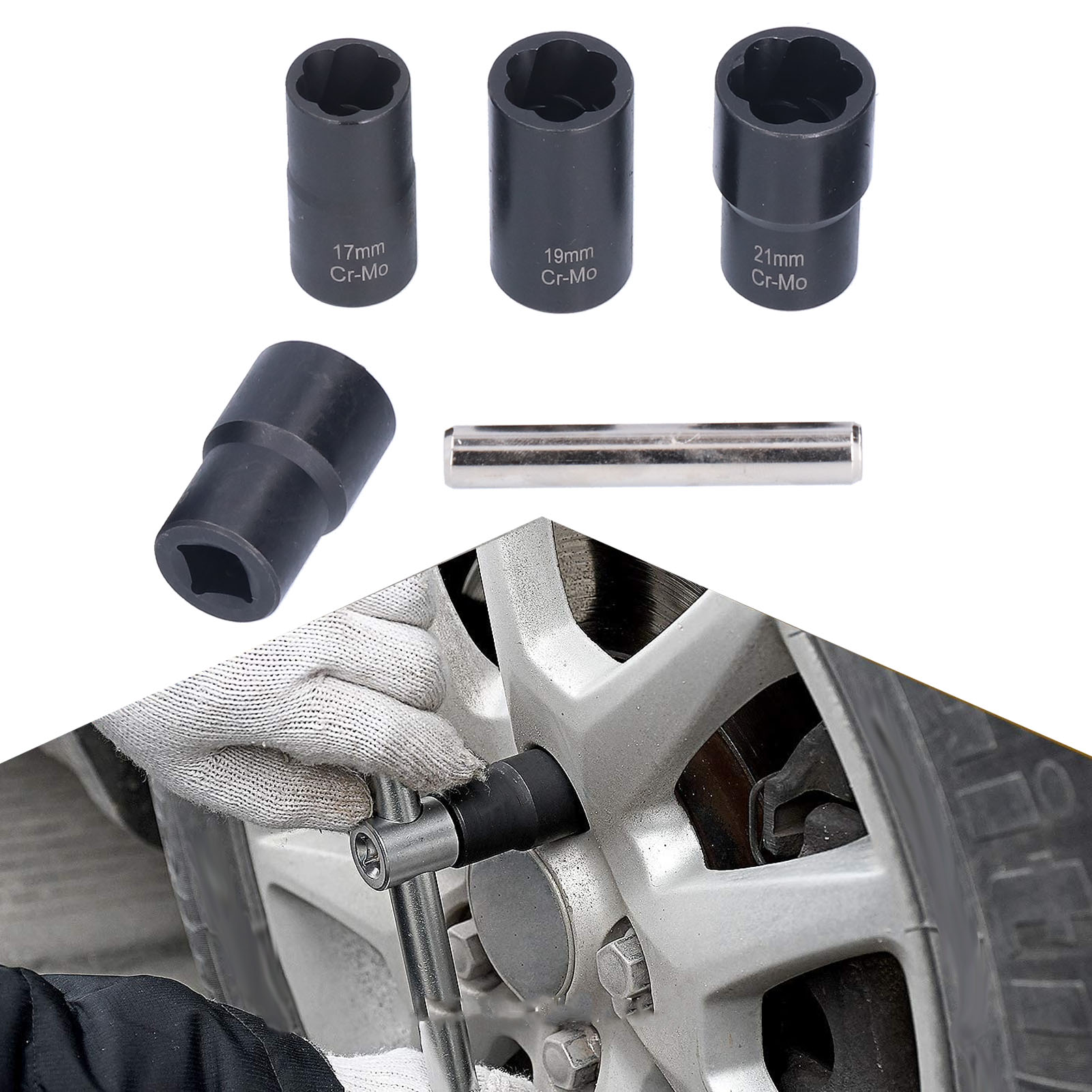 Set Mit 5 Muttern- Und Schraubenausdrehern Für Abgebrochene Oder Beschädigte Schrauben Und Muttern (17 Mm, 19 Mm, 21 Mm, 22 Mm).