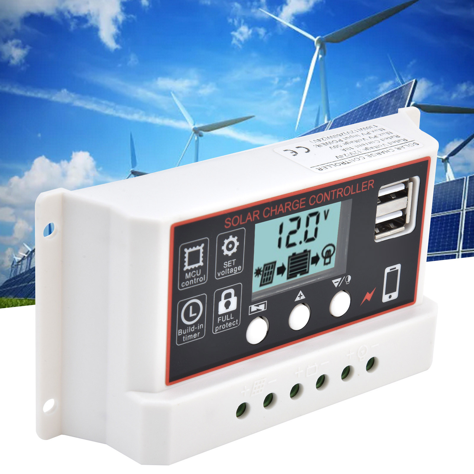 Intelligenter Solarladeregler Wbl1210, Weißes Gehäuse, Schwarze Oberfläche, 12 V/24 V, Zwei Usb-anschlüsse, Pwm-steuerung, 10 A