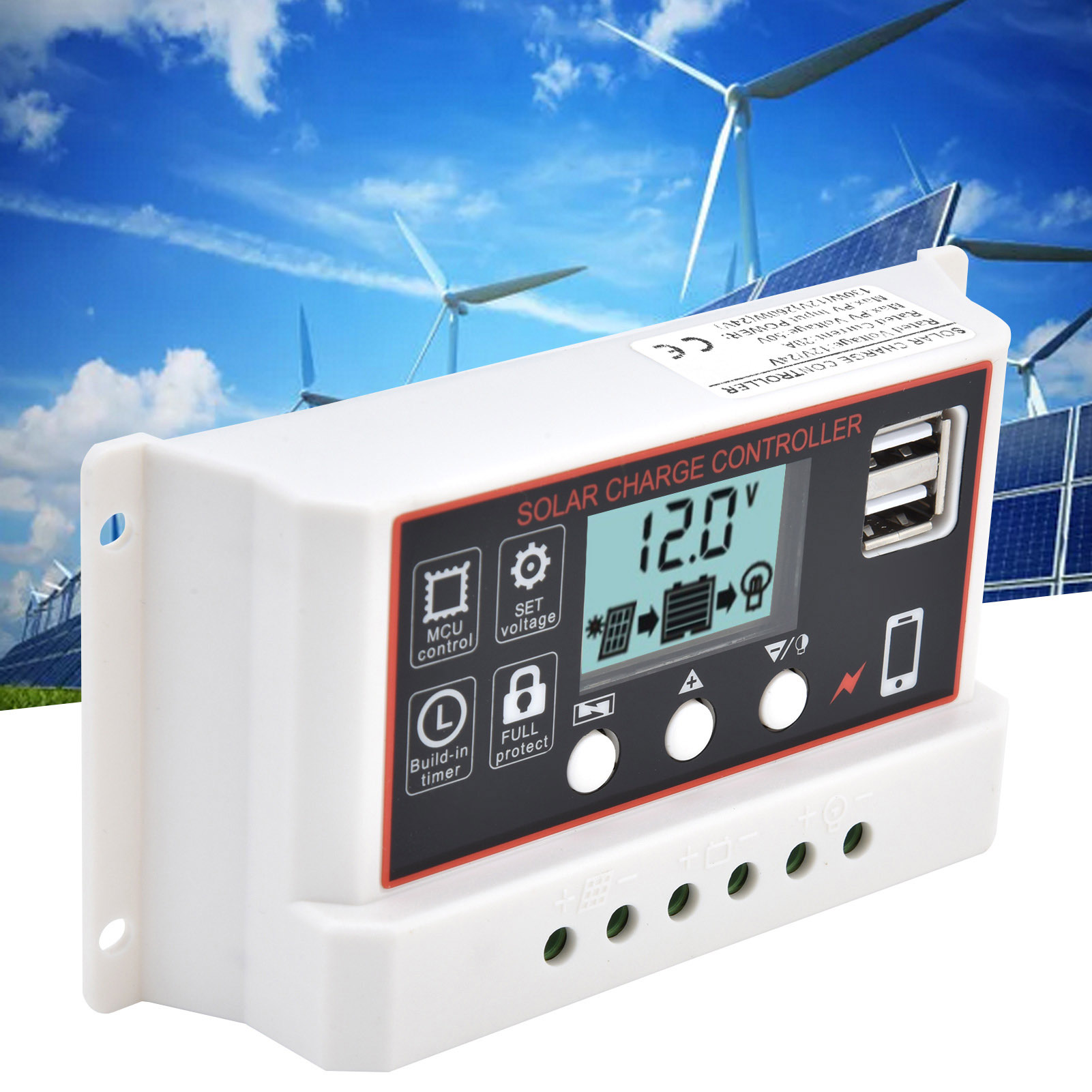 Intelligenter Solarladeregler Wbl1210, Weißes Gehäuse, Schwarze Oberfläche, 12 V/24 V, Zwei Usb-anschlüsse, Pwm-lade-/entladefunktion, 20 A
