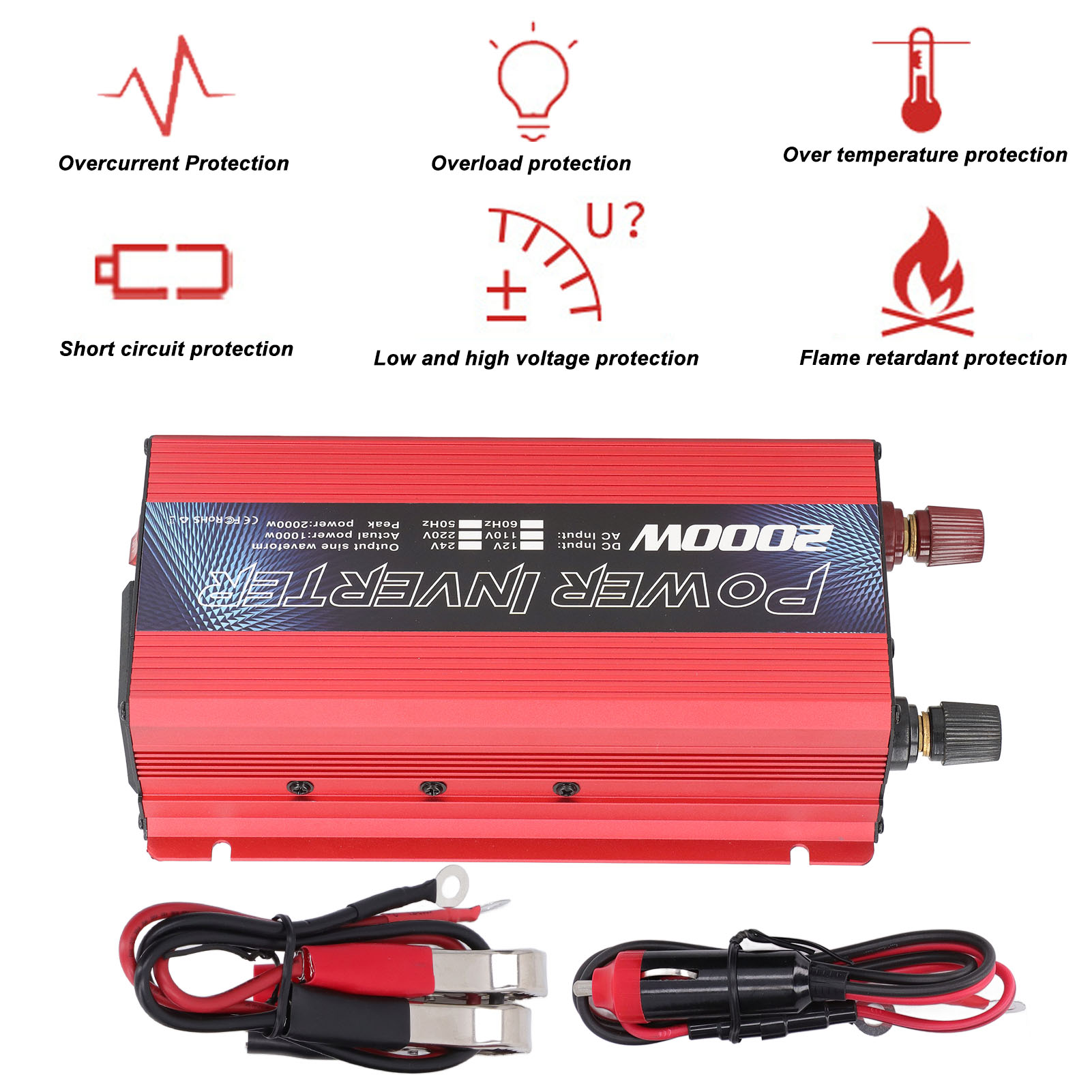 2000-w-wechselrichter (12 V Gleichstrom Auf 220 V/110 V Wechselstrom), Solarwechselrichter Für Den Außenbereich (auto), Rot, 110 V
