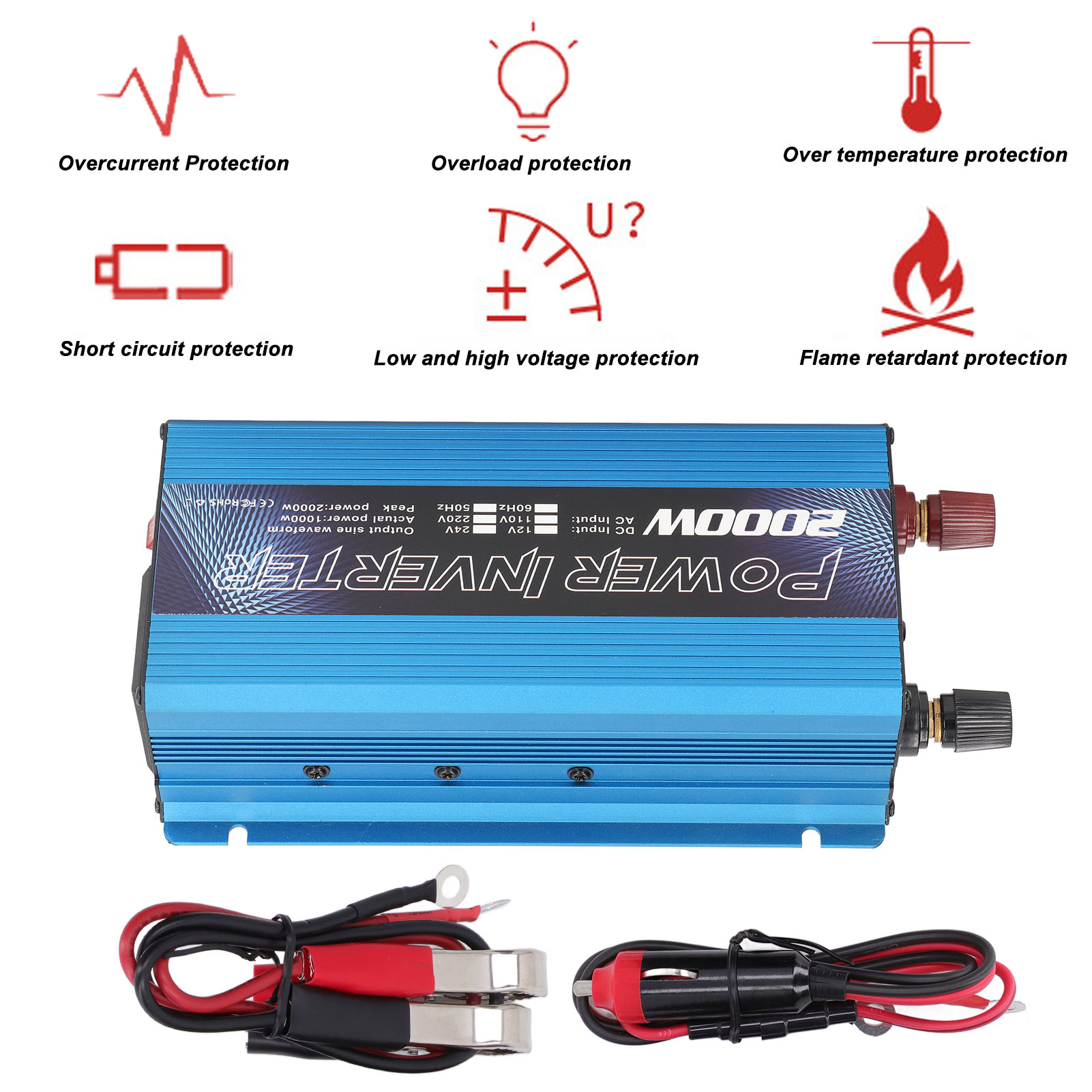 2000-w-wechselrichter, 12-v-dc-zu-220-v-/110-v-ac-wandler, Für Solaranlagen Im Außenbereich Oder Fahrzeuganwendungen, Blau, 220 V