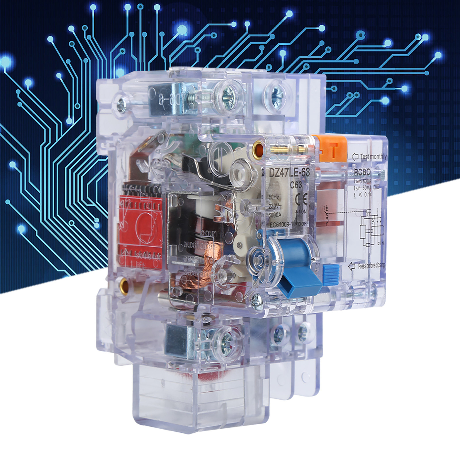 Dz47le-63 1p+n C63 Miniatur-fehlerstromschutzschalter, Transparent, Miniatur-haushaltsschalter, Transparenter Fehlerstromschutzschalter