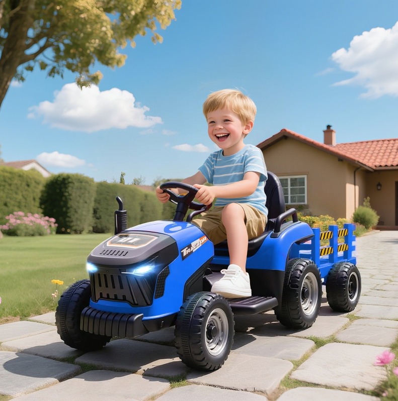Elektrischer Kindertraktor Mit Abnehmbarem Anhänger, Fernbedienung, 3–5 Km/h, Blau Havrya