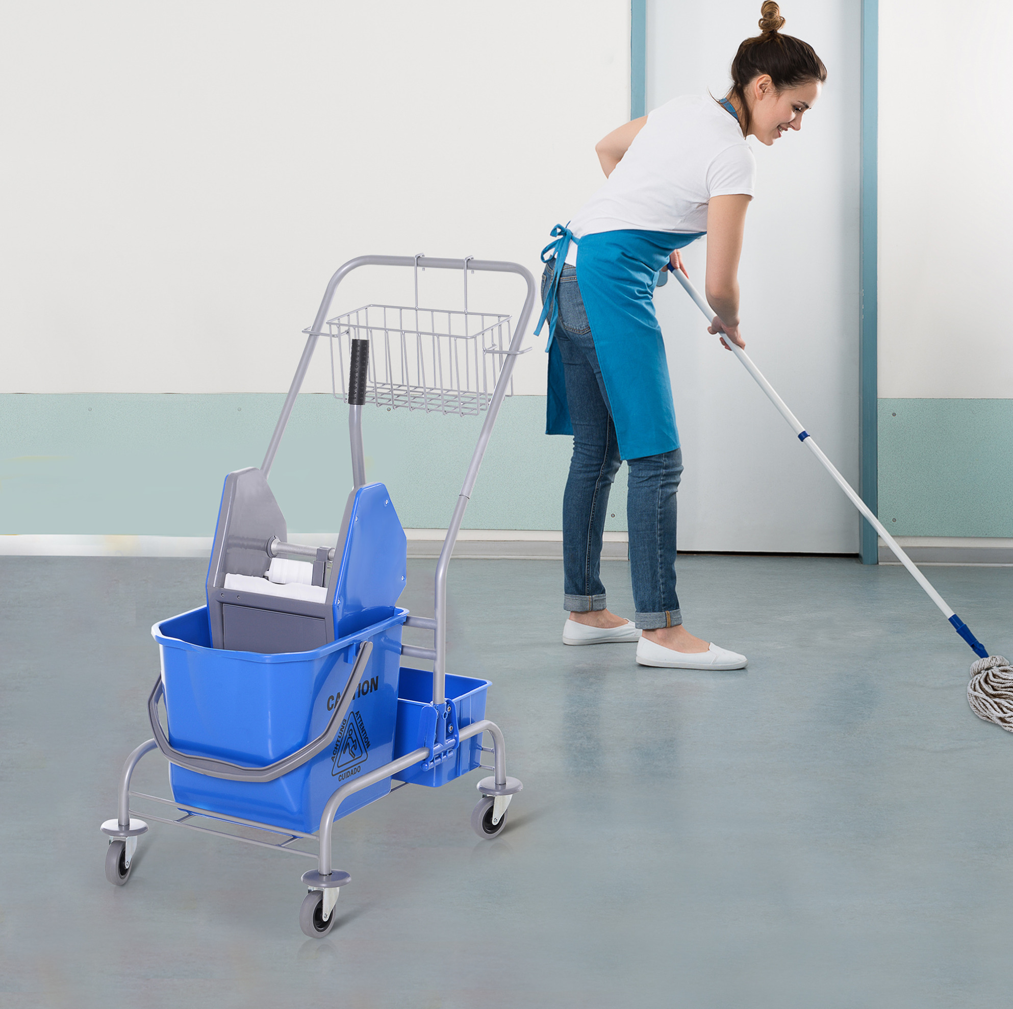 Reinigungswagen Mit 25-l-eimer, Auswringer Und 4 Rollen, Blau Havrya