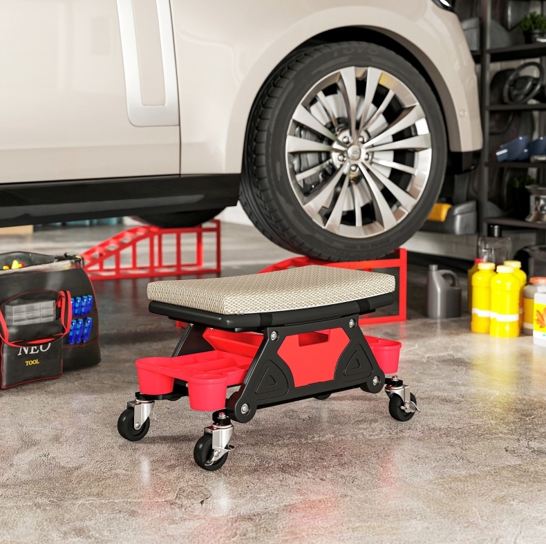 Werkstatthocker Mit Rollen, Schublade Und Ablage, 35 Cm, Bis 135 Kg, Grau Havrya