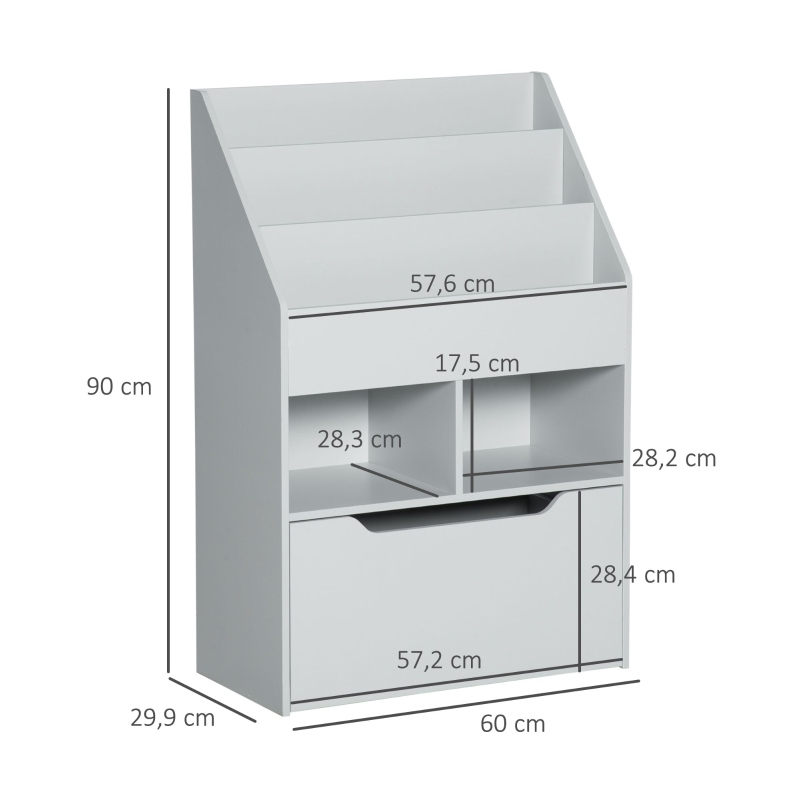 Kinderbücherregal Mit Schublade, 3 Ebenen, 2 Offenen Fächern, 60 X 29,9 X 90 Cm, Grau