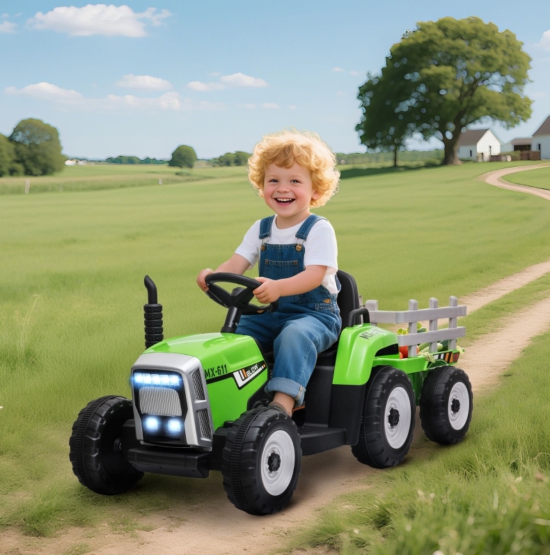 Elektrischer Kindertraktor Mit Anhänger, Elternfernbedienung, 6 Km/h, Grün Und Schwarz Havrya