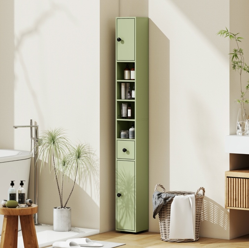 Schmaler Badezimmerschrank 20 X 20 X 180 Cm Mit Schublade, 4 Offenen Fächern, Grün Havrya