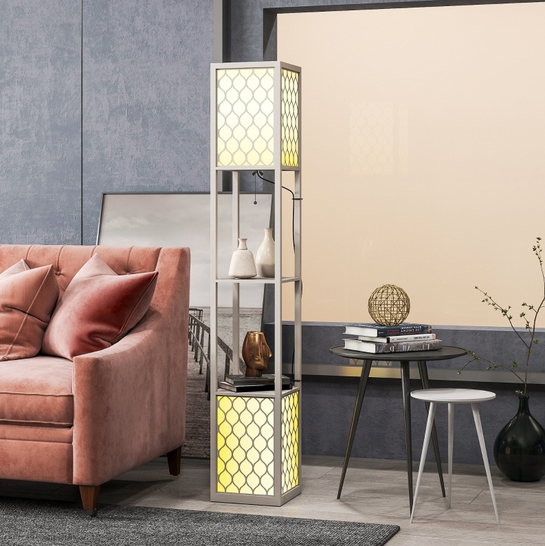 Moderne Stehlampe Mit 2 Regalen, Kettenschalter, 26 X 26 X 156 Cm, Hellgrau Havrya